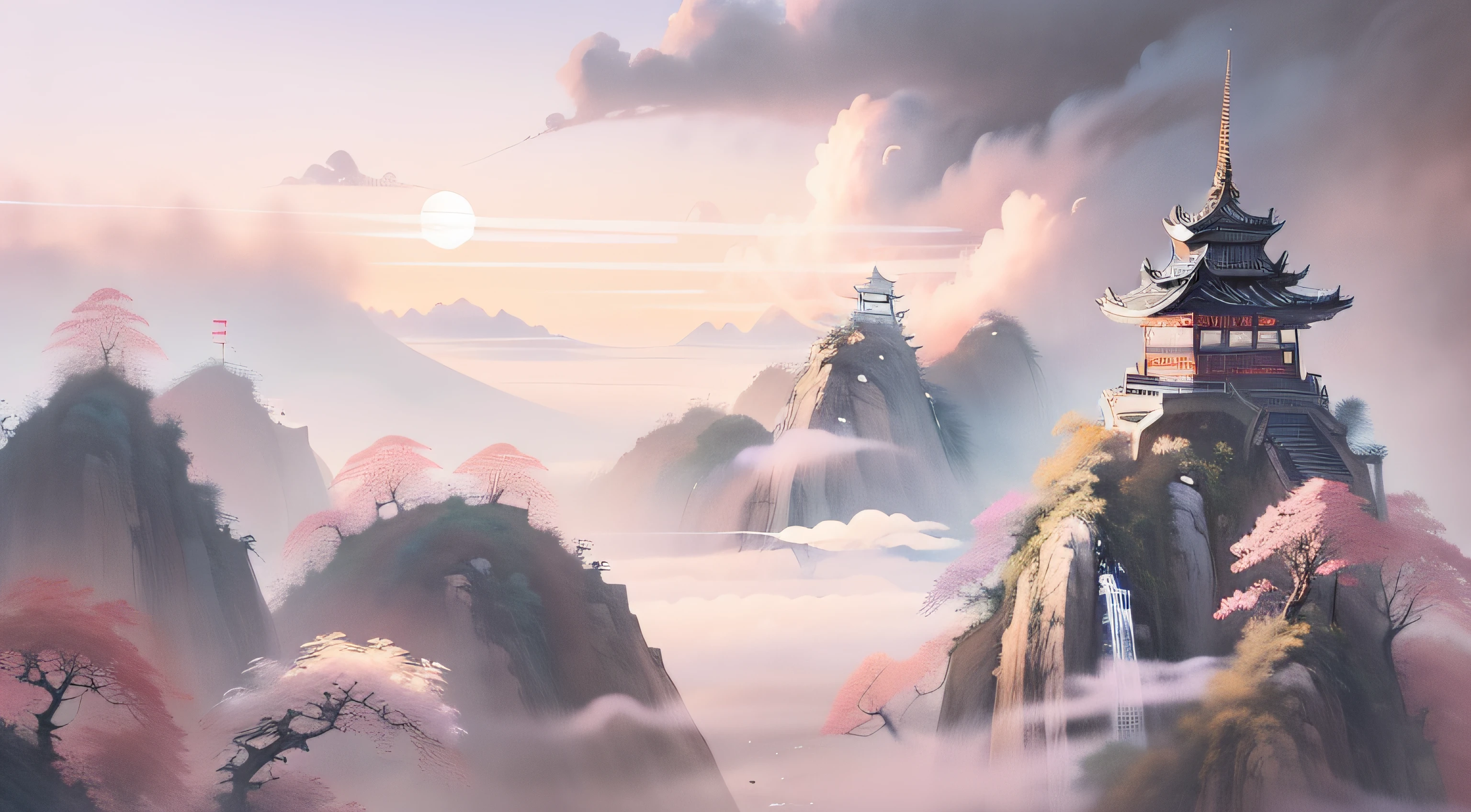 Tanabata scene，National style: A sunset painting with clouds, lie on white clouds fairyland, Anime Cloud, beautifull puffy clouds. anime big breast, background artwork, A beautiful artwork illustration, Chinese watercolor style, dreamland of chinese, fluffy pink anime clouds, arte de fundo, Cloud Palace, anime backgrounds, game background, floating lands in-clouds