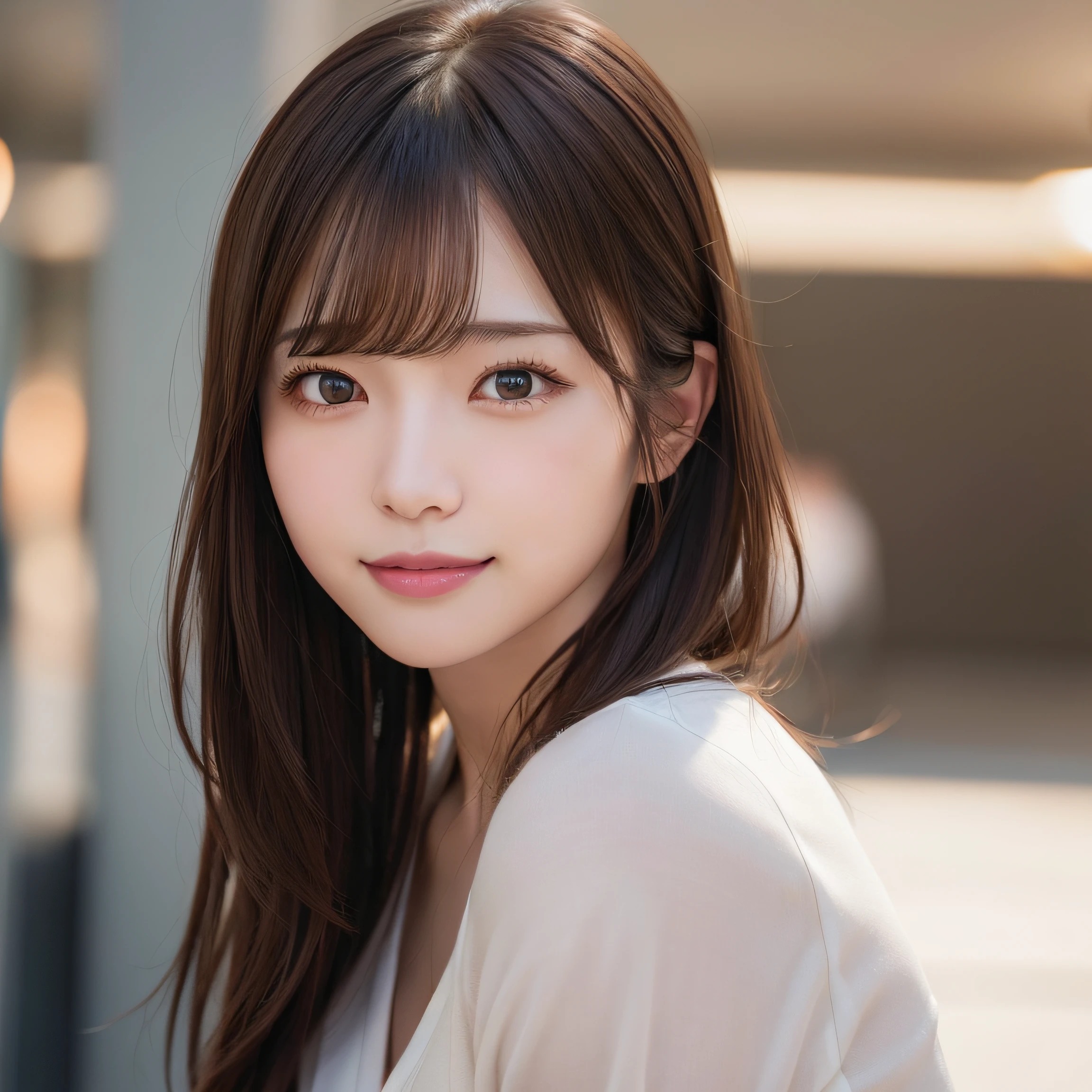 8k RAW photo,Best Quality, top-quality:1.1, ​masterpiece:1.3,超A high resolution, (Photorealistic:1.4), Raw photo, (Upper knees:1.5, From Side), natural skin textures:1.1, realistic eyes and face details:1.3, Full lips,(Background is blurry:1.4), (in a suite), 1 Japanese girl, Cute, (独奏:1.6), (Shy smile), (Dark brown eyes), Smooth skin, (Brown medium hair,bangs), (touch hair:1.4),nogizaka,s Office,Business suits、full bodyesbian、is standing