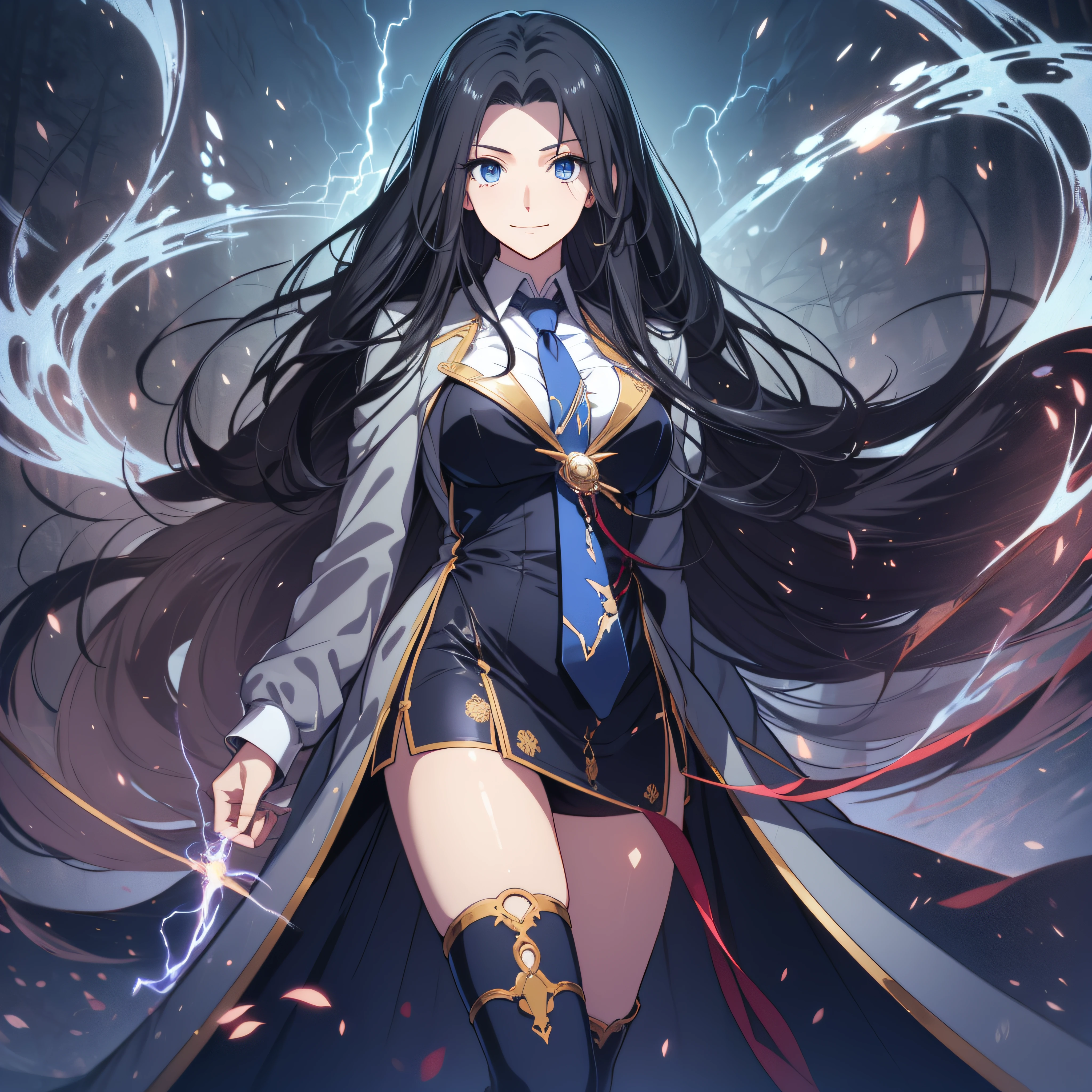 (ultra-detailed, perfect pixel, highrest, best quality), 20 years old Anime girl, smooth anime artstyle, long raven hair, slightly wavy hair, parted bangs, black hair, gradient hair color, Magus, ((blue eyes)), detailed eyes, beautiful eyes, long black coat, white shirt, ((neckwear, long tie)), black skirt, aristocrat, noble attire, beautiful, ethereal, elegant, prestigious, dark forest background, cold, particle effect, smooth smoke effect, snow, lightning, magic light, standing, looking at viewer, smile, closed arms