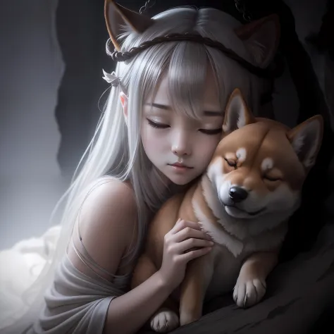 Inside a dimly lit cave、Clean with horns and wings、Silver-haired dragon tribe girl、Bondage costumes、Depiction of a cute brown Shiba Inu sleeping on his lap、Close-up photos、Volumetric fog、Halation、、Dramatic atmosphere、central、thirds rule、