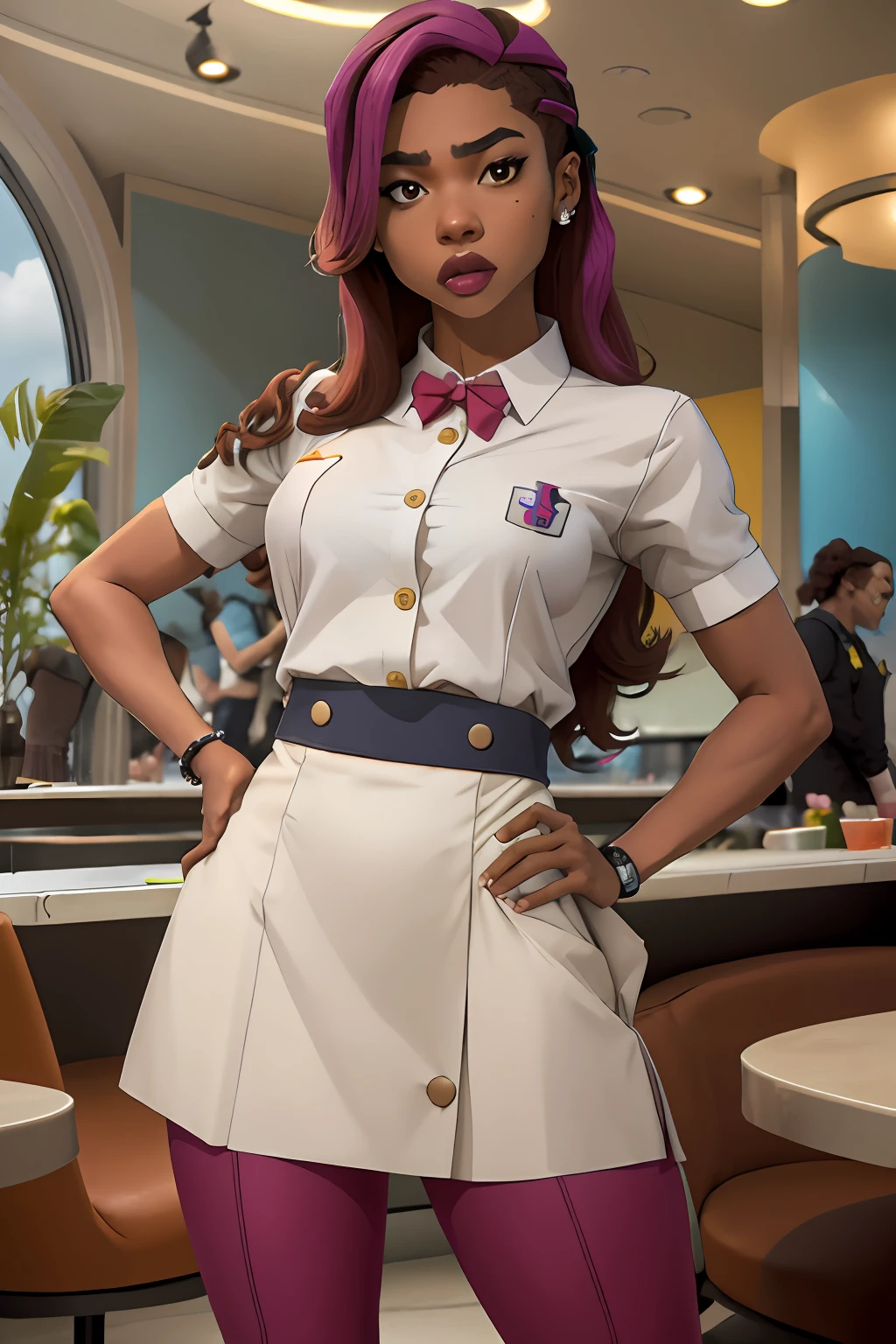 Low water girl dressed as mall waitress, descolada, low water, Divertimento, majo, cabelo da cor rosa, inspirada na Zendaya, wearing a colorful waitress outfit, personagem 2d, pele marrom