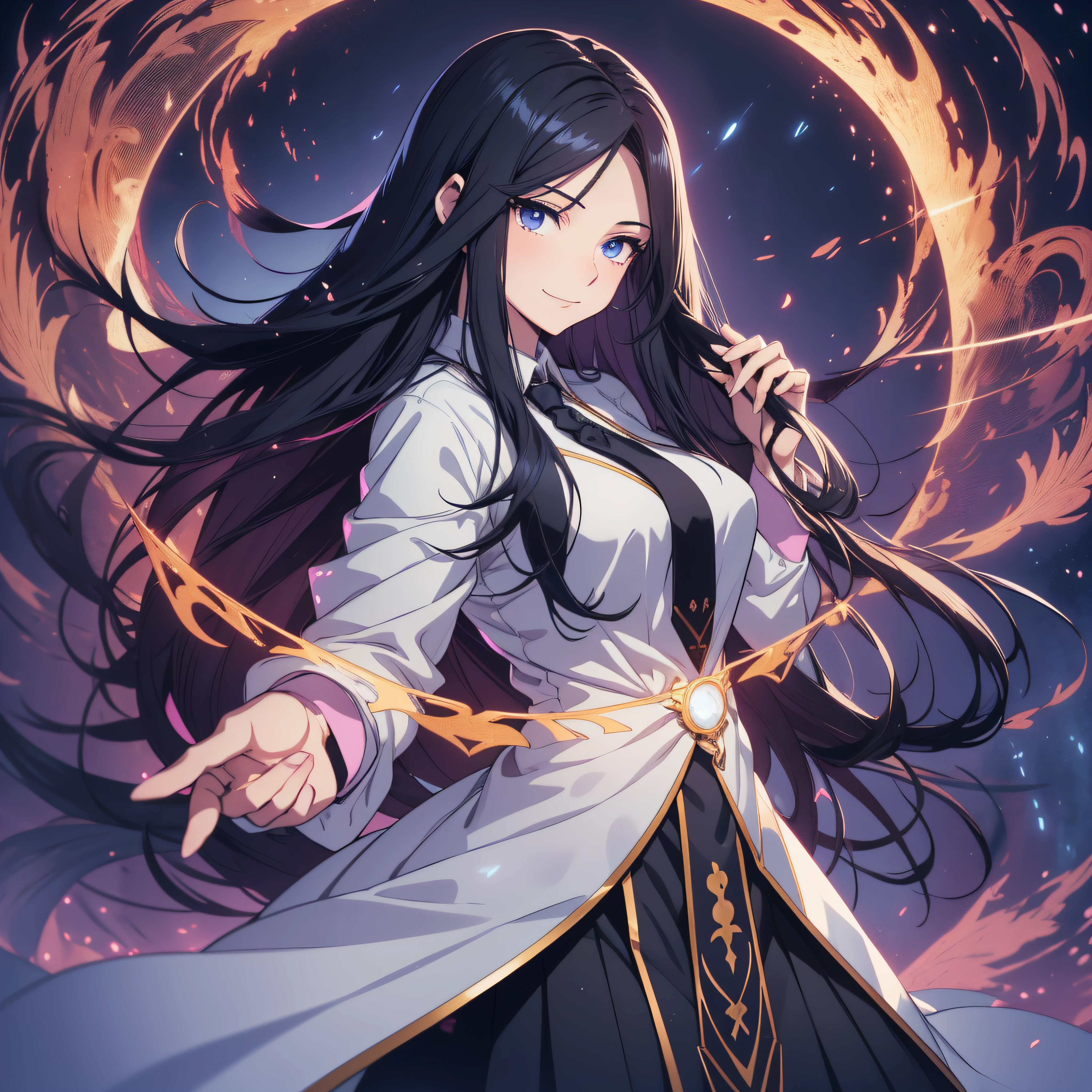 (ultra-detailed, perfect pixel, highrest, best quality), 20 years old Anime girl, smooth anime artstyle, long raven hair, slightly wavy hair, parted bangs, black hair, gradient hair color, Magus, ((blue eyes)), detailed eyes, beautiful eyes, long black coat, white shirt, ((neckwear, long tie)), black skirt, aristocrat, noble attire, beautiful, ethereal, elegant, prestigious, dark forest background, particle effect, smooth smoke effect, snow, lightning, magic light, standing, looking at viewer, smile