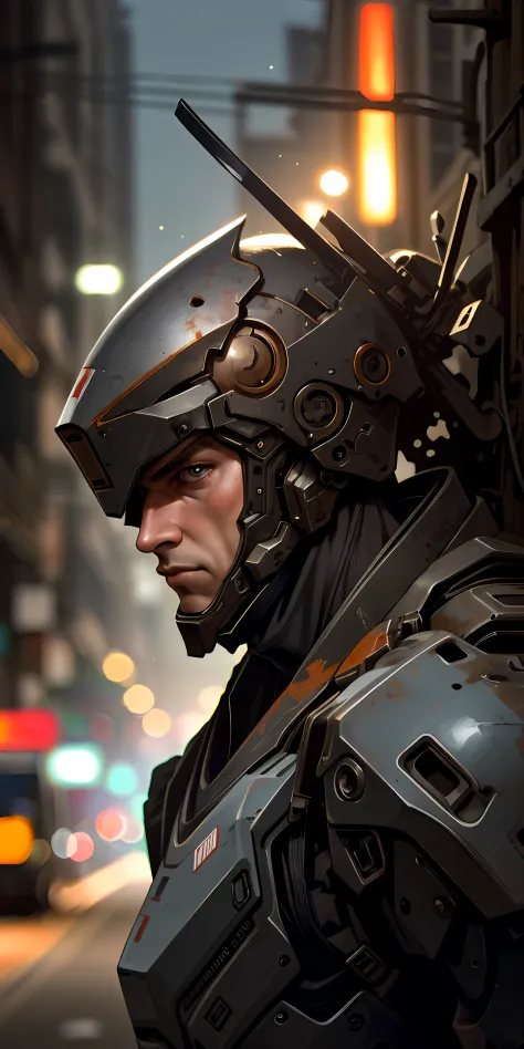 portrait photo of an handsome male  ,perfect eyes ,  in a worn mecha exosuit,((light bokeh)), intricate, (steel metal [rust]), e...