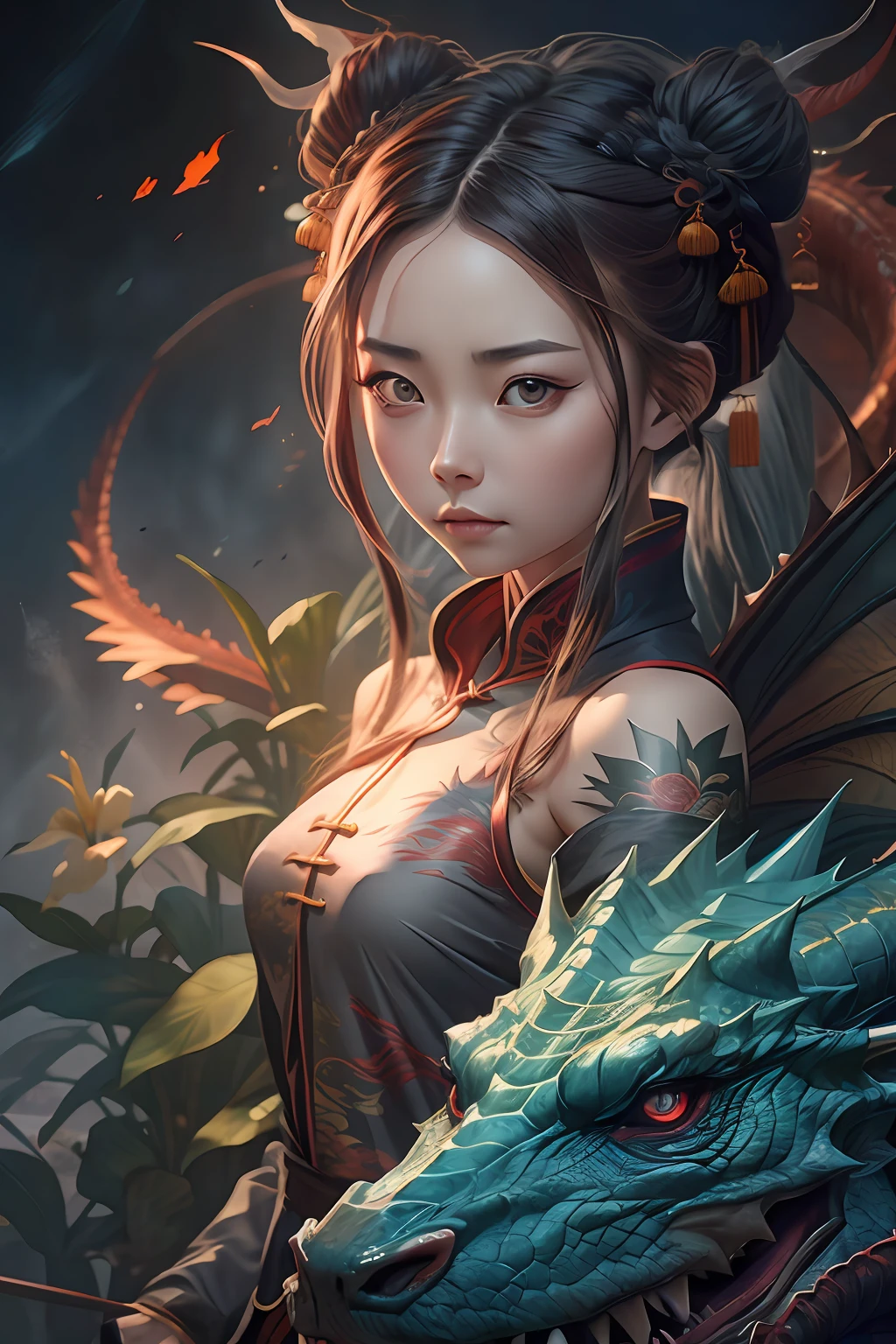 masterpiece, best quality,Chinese fairy, 1girl\(loli\) and iris red dragon, Chinese dragon pan glaring at girl, bun, dark gray background,