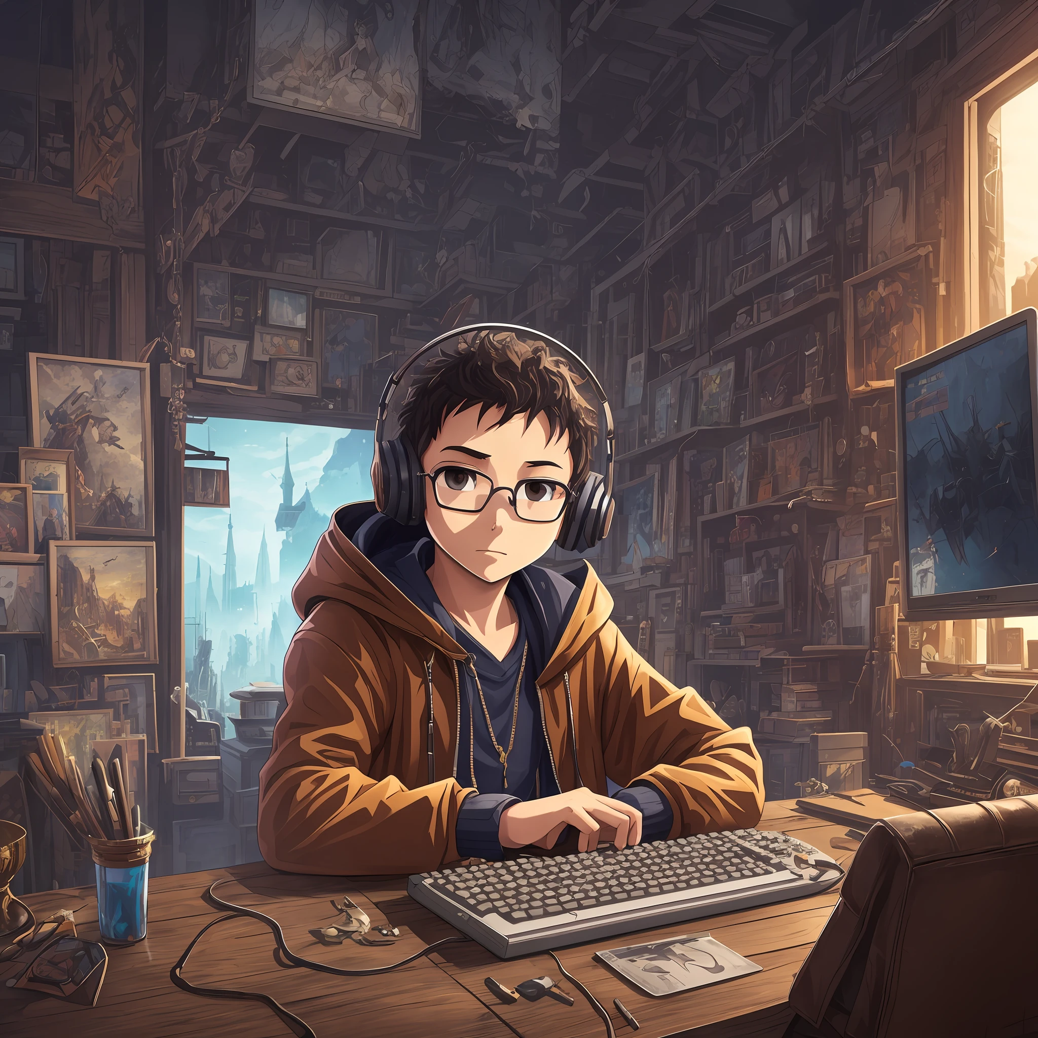 masterpiece, best illustration, solo, 1 boy  african light brown skin brown eyes with glasses sitting, very short curly hair, keyboard \(computer\), leather trim, computer, monitor, hood, jacket, hood down, chair, headphones, city, instrument, cyberpunk, \(\(intricate details\)\),colorful details,iridescent colors BREAK,\(\(best quality masterpiece\)\),4k,ultra detailed,detailed lighting,\ (\(inspired by Hayao Miyazaki\)\),official art,promotional art,composition,