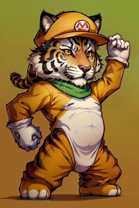 super mario usando roupa de tigre, vetor pro, cores quentes, etiqueta, fundo branco
