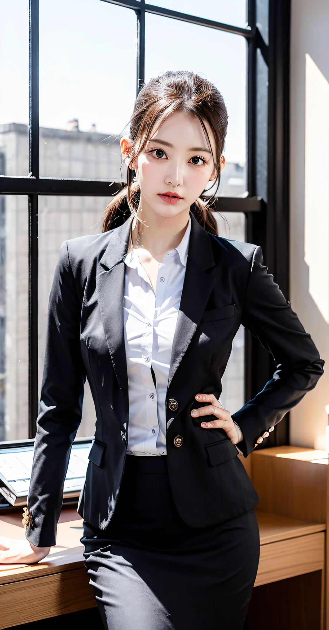 （best qualtiy，8K，32K，tmasterpiece，hyper HD：1.2），1girll，Delicate face，perfect bodies，Brustwarzen，a narrow waist，Business suit，office  lady，West skirt，office room，Office desk，（stick out buttocks：1.2）