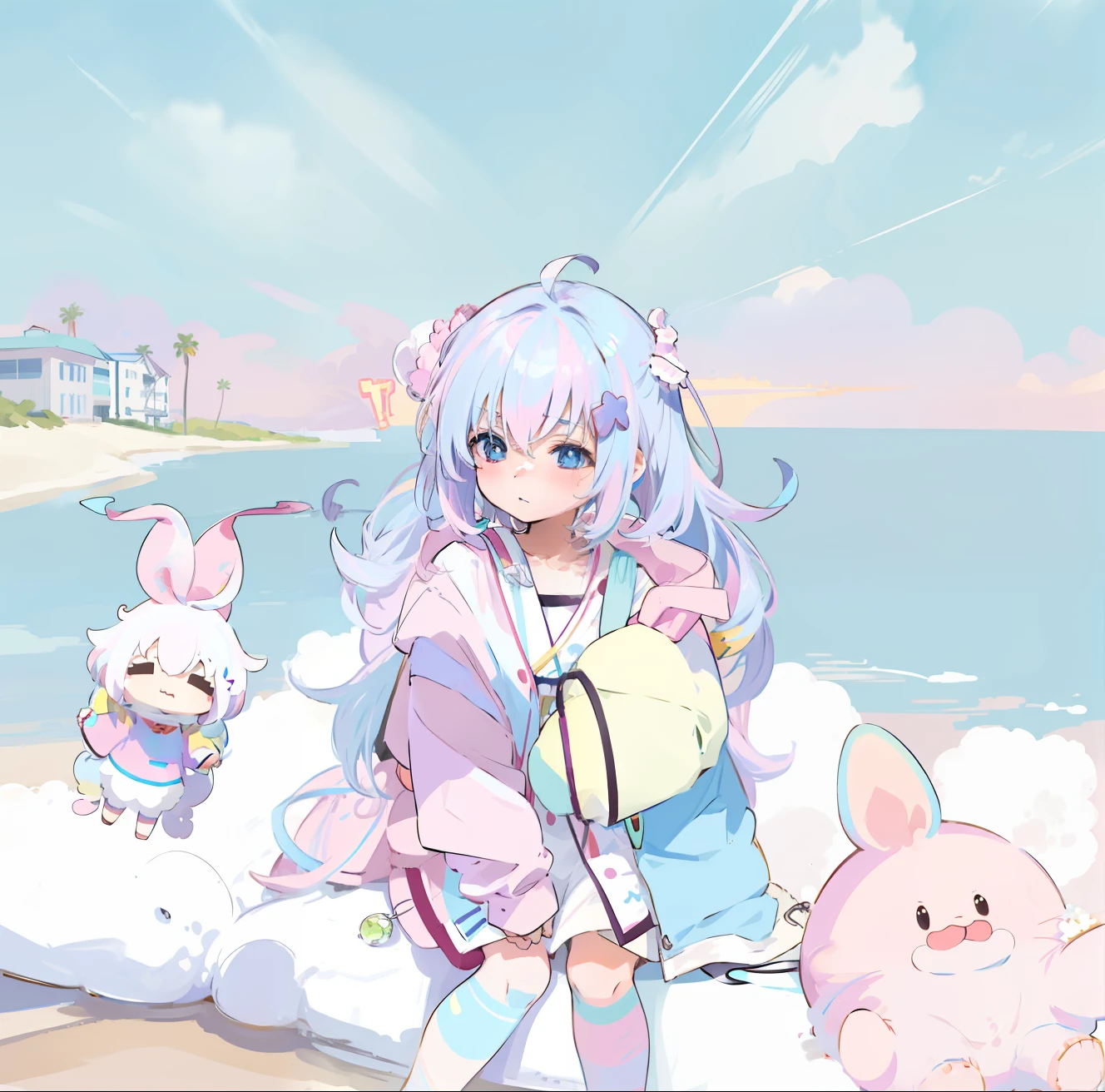 Anime characters standing on beach in sky background, Soft anime illustration, pastel coloring, Loli, [ conceptual art ]!!, blurry and dreamy illustration, inspired by Kanbun Master, sitting in a fluffy cloud, lots of pastel colour, Lilac and cyan, bubbly scenery, soft coloring, in ryuuou no oshigoto art style