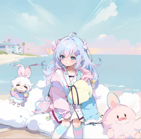 Anime characters standing on beach in sky background, Soft anime illustration, pastel coloring, Loli, [ conceptual art ]!!, blur...