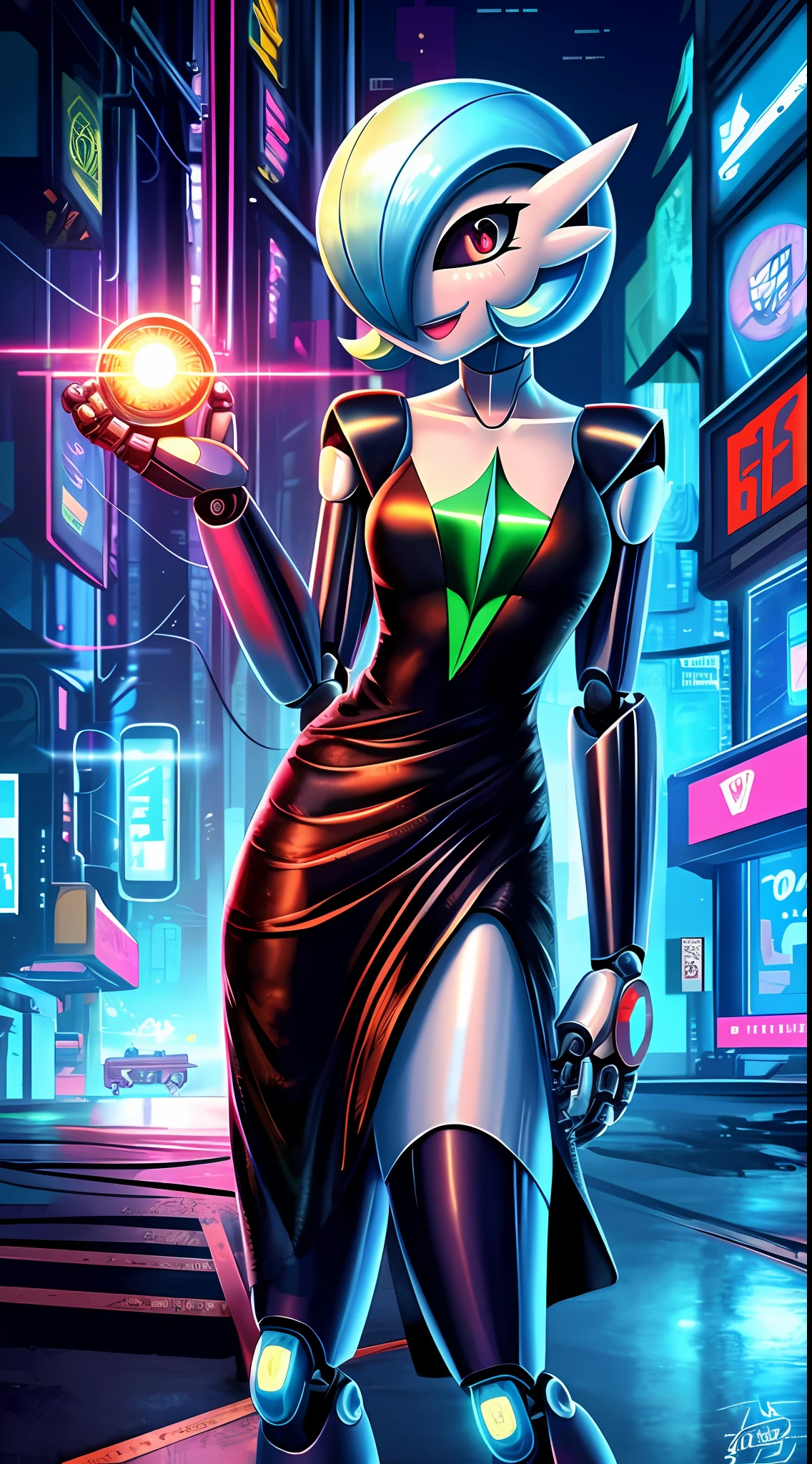 Gardevoir [pokemon], best quality masterpiece, cyberpunk art style, sexy, horizontal pupils,feral,sonrisa,despistada,cheerful,mecanico,shiny skin,black eyes,mechanic,robot,black sclera,cute pose,shiny skin, metallic skin,robot face,city background,vestido blanco,