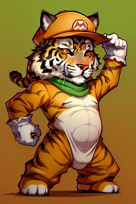 super mario usando roupa de tigre, vetor pro, cores quentes, etiqueta, rosto do mario, calda de tigre