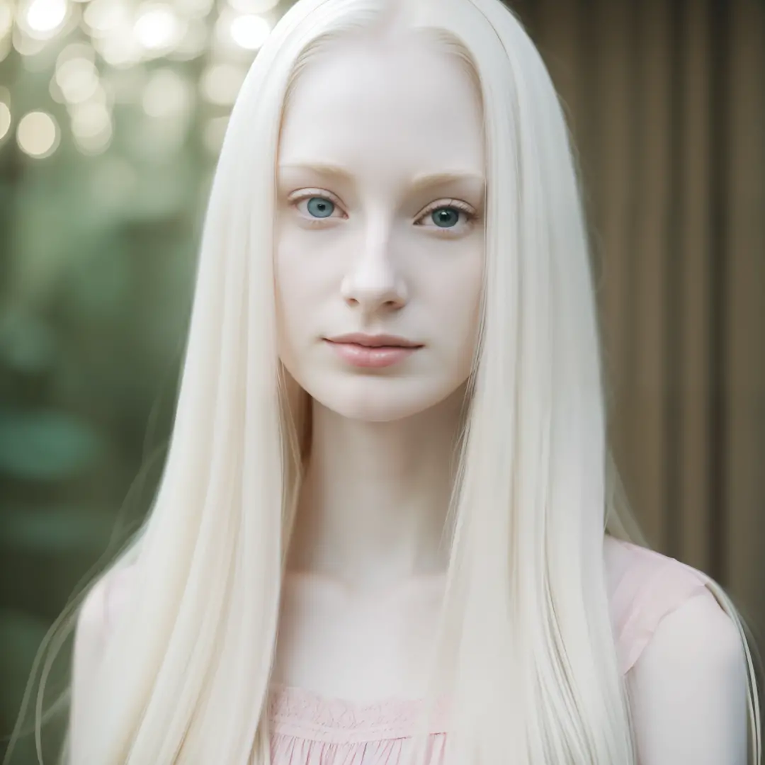 blond woman in pink dress with long hair standing in a room, full body, with pale skin, pale skin curly blond hair, albino white...