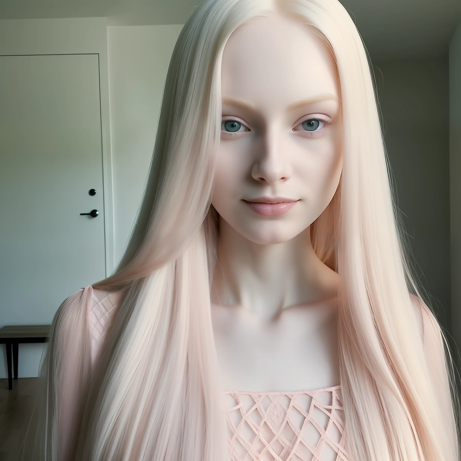 blond woman in pink dress with long hair standing in a room, full body, with pale skin, pale skin curly blond hair, albino white pale skin, pale woman, extremely pale blond hair, extremely pale white skin, very pale skin, pale white skin, very very very pale skin, very very very pale white skin, very very pale white skin, ivory pale skin, pale fair skin!!