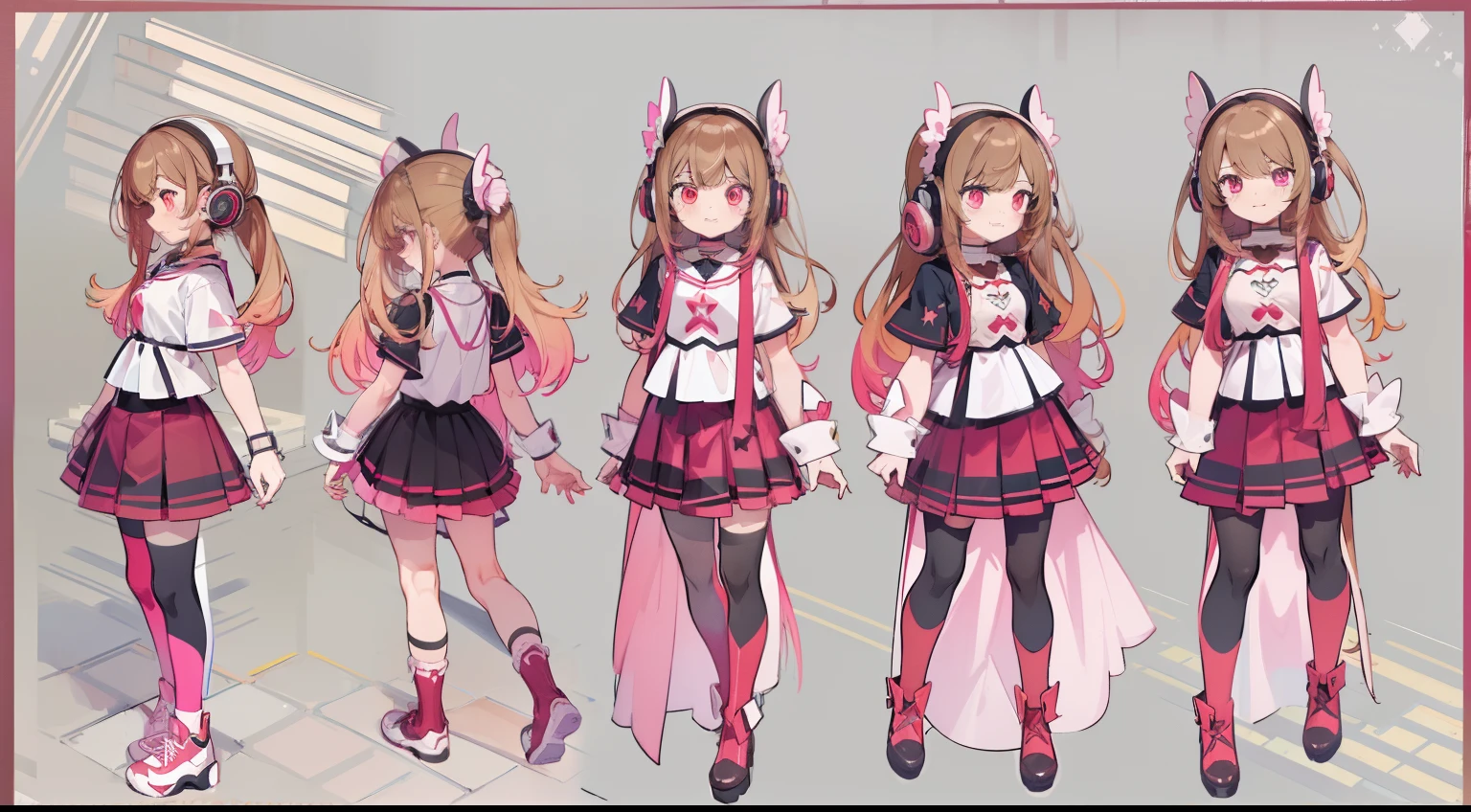 ((Masterpiece, highest quality)), character sheet, vtuber, vtuber-fullbody, full body, detailed face, full of details, highly detailed, depth, 1girl, girl in a skirt and headphones, :3, long hair, bangs, multicolored hair, two-tone hair, gradient hair, [[brown hair]], brown hair with pink tips, [[[[[[pink hair]]]]]], black crop top, red skirt, pleated skirt, stockings, red shoes, black choker, red eyes, star (symbol), star-shaped pupils