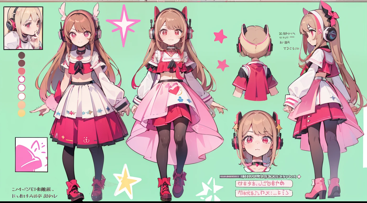 ((Masterpiece, highest quality)), character sheet, vtuber, vtuber-fullbody, full body, detailed face, full of details, highly detailed, depth, 1girl, girl in a skirt and headphones, :3, long hair, bangs, multicolored hair, two-tone hair, gradient hair, [[brown hair]], brown hair with pink tips, [[[[[[pink hair]]]]]], black crop top, red skirt, pleated skirt, stockings, red shoes, black choker, red eyes, star (symbol), star-shaped pupils