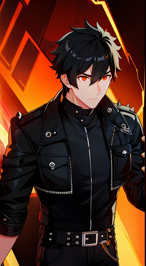 grown-up guy, short black hair, orange eyes, leather jacket with spikes, circuits, ghost rider, masterpiece, hiquality