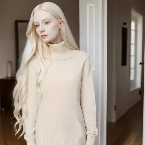 blond woman in sweater with long hair standing in room, full body, with pale skin, pale skin curly blond hair, full body, albino...