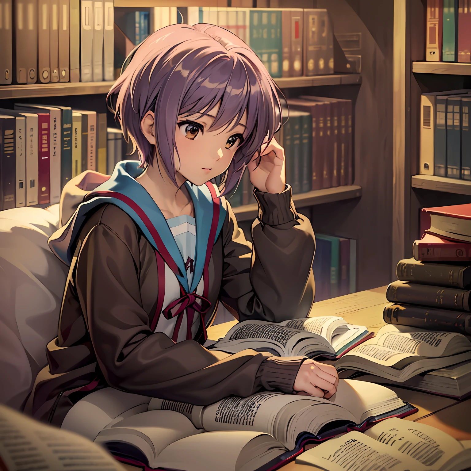 Yuki Nagato, le personnage énigmatique de "Suzumiya Haruhi no Yuutsu," semble mener une vie ordinaire, vie sans prétention à la surface. Ses activités quotidiennes sont voilées de mystère, souvent inaperçue de ses pairs. Encore, sous son extérieur réservé, se trouve un rat de bibliothèque vorace avec une passion cachée pour la littérature.

Tous les matins, Yuki part pour l&#39;école avec un air calme. Ses pairs la voient comme une étudiante réservée et banale, sans jamais soupçonner la profondeur des connaissances qu&#39;elle possède. Alors qu&#39;elle est assise à son bureau, son nez enfoui dans un livre, ses camarades de classe supposent qu&#39;elle ne fait que terminer ses devoirs. Ils ne savent pas que les livres de Yuki recèlent des secrets sur des mondes bien au-delà de l&#39;ordinaire..

Pendant les pauses déjeuner, Yuki trouve du réconfort dans la bibliothèque de l&#39;école, entouré du parfum réconfortant des pages vieillies. Elle se plonge dans des livres de tous genres, de la littérature classique aux revues scientifiques obscures. La lecture est sa porte d&#39;entrée vers des possibilités infinies, où l&#39;imagination ne connaît pas de limites.

Alors que les cours de l&#39;après-midi bourdonnent, L&#39;esprit de Yuki dérive souvent vers les mondes qu&#39;elle a explorés dans les pages de ses livres.. Ses yeux peuvent être concentrés sur le tableau, mais ses pensées sont toujours à un autre univers. Dans le domaine de son esprit, elle évoque des aventures, percer des mystères, et plonger dans les profondeurs des émotions humaines.

Après l&#39;école, Yuki s&#39;éclipse dans un coin tranquille de la bibliothèque., loin des foules animées. Ici, elle trouve réconfort et réconfort parmi les rangées de livres qui bordent les étagères. Dans le monde de la littérature, elle trouve de la compagnie et de la compréhension, un refuge contre les complexités de la réalité.

Une fois le soir descendu, Yuki rentre chez elle, où sa chambre est ornée d&#39;étagères débordantes de livres. Cet espace est son sanctuaire, où elle peut se plonger dans des histoires jusque tard dans la nuit. La douce lueur d&#39;une lampe crée une aura chaleureuse, et elle se perd dans les aventures de personnages qu&#39;elle connaît en tant qu&#39;amis.