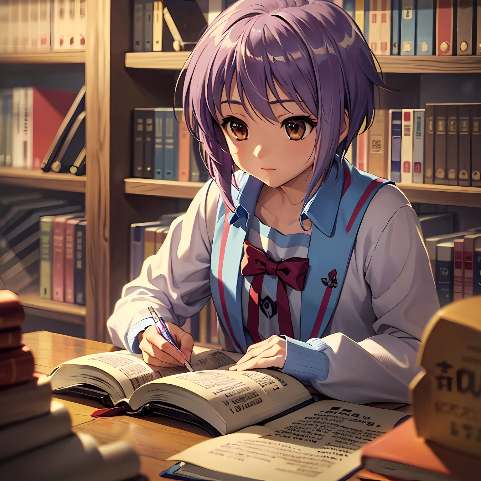 Yuki Nagato, the enigmatic character from "Suzumiya Haruhi no Yuutsu," seems to lead an ordinary, unassuming life on the surface. Her daily activities are veiled in mystery, often unnoticed by her peers. Yet, beneath her reserved exterior, lies a voracious bookworm with a hidden passion for literature.

Every morning, Yuki sets out for school with a quiet demeanor. Her peers see her as a reserved and unremarkable student, never suspecting the depth of knowledge she possesses. As she sits at her desk, her nose buried in a book, her classmates assume she's merely completing her assignments. Little do they know that Yuki's books hold secrets to worlds far beyond the ordinary.

During lunch breaks, Yuki finds solace in the school library, surrounded by the comforting scent of aged pages. She immerses herself in books of every genre, from classic literature to obscure scientific journals. Reading is her gateway to endless possibilities, where imagination knows no bounds.

As the afternoon classes drone on, Yuki's mind often drifts to the worlds she has explored within the pages of her books. Her eyes may be focused on the chalkboard, but her thoughts are always a universe away. In the realm of her mind, she conjures up adventures, unraveling mysteries, and delving into the depths of human emotions.

After school, Yuki slips away to a quiet corner of the library, away from the bustling crowds. Here, she finds comfort and solace among the rows of books that line the shelves. In the world of literature, she finds companionship and understanding, a refuge from the complexities of reality.

Once the evening descends, Yuki returns to her home, where her room is adorned with shelves overflowing with books. This space is her sanctuary, where she can delve into stories until the late hours of the night. The soft glow of a lamp casts a warm aura, and she loses herself in the adventures of characters she's come to know as friends.