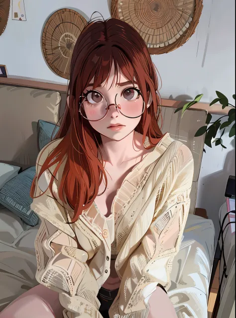 arafed woman with glasses sitting on a bed in a room, with glasses, amouranth, young beautiful amouranth, with glasses on, bette...