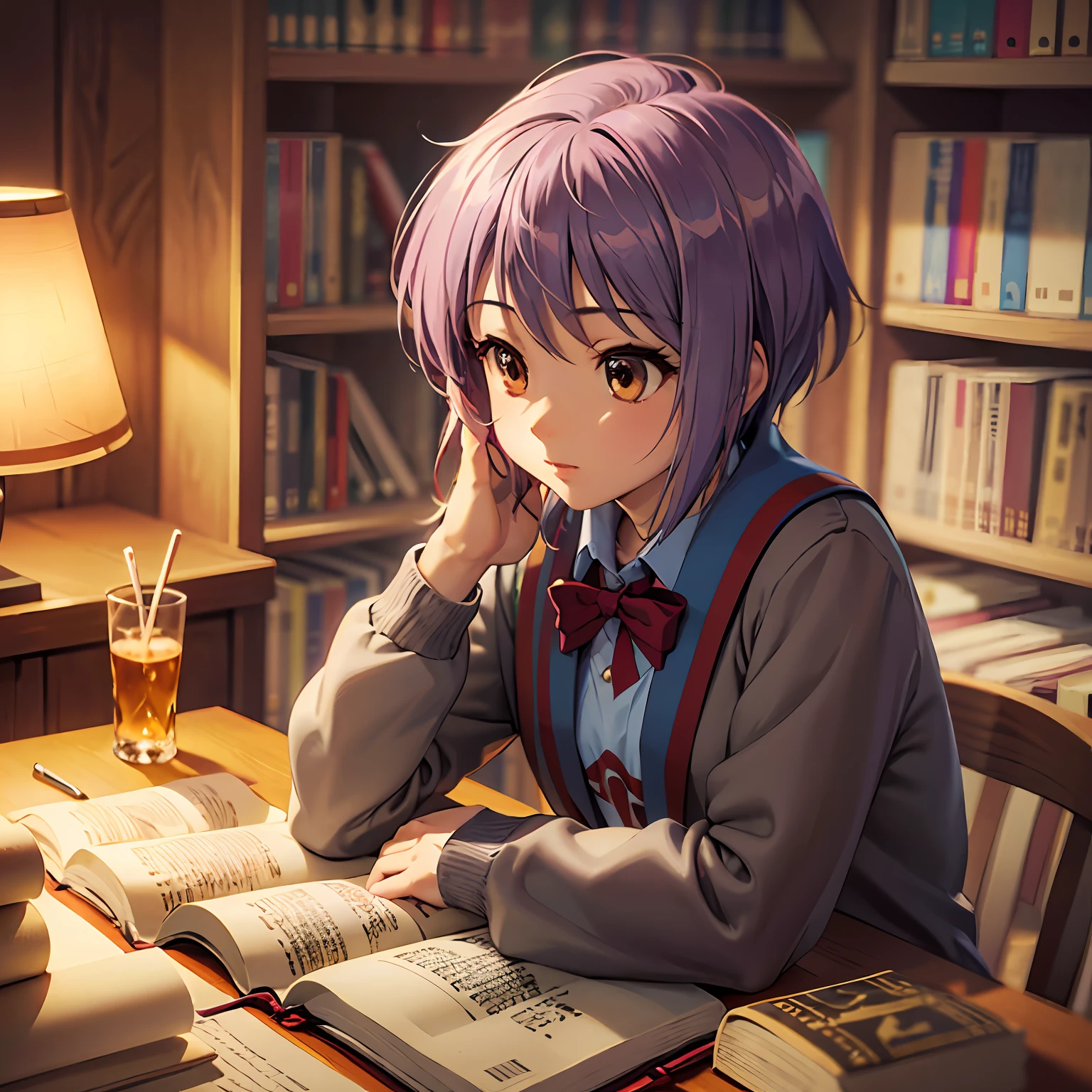 Yuki Nagato, the enigmatic character from "Suzumiya Haruhi no Yuutsu," seems to lead an ordinary, unassuming life on the surface. Her daily activities are veiled in mystery, often unnoticed by her peers. Yet, beneath her reserved exterior, lies a voracious bookworm with a hidden passion for literature.

Every morning, Yuki sets out for school with a quiet demeanor. Her peers see her as a reserved and unremarkable student, never suspecting the depth of knowledge she possesses. As she sits at her desk, her nose buried in a book, her classmates assume she's merely completing her assignments. Little do they know that Yuki's books hold secrets to worlds far beyond the ordinary.

During lunch breaks, Yuki finds solace in the school library, surrounded by the comforting scent of aged pages. She immerses herself in books of every genre, from classic literature to obscure scientific journals. Reading is her gateway to endless possibilities, where imagination knows no bounds.

As the afternoon classes drone on, Yuki's mind often drifts to the worlds she has explored within the pages of her books. Her eyes may be focused on the chalkboard, but her thoughts are always a universe away. In the realm of her mind, she conjures up adventures, unraveling mysteries, and delving into the depths of human emotions.

After school, Yuki slips away to a quiet corner of the library, away from the bustling crowds. Here, she finds comfort and solace among the rows of books that line the shelves. In the world of literature, she finds companionship and understanding, a refuge from the complexities of reality.

Once the evening descends, Yuki returns to her home, where her room is adorned with shelves overflowing with books. This space is her sanctuary, where she can delve into stories until the late hours of the night. The soft glow of a lamp casts a warm aura, and she loses herself in the adventures of characters she's come to know as friends.