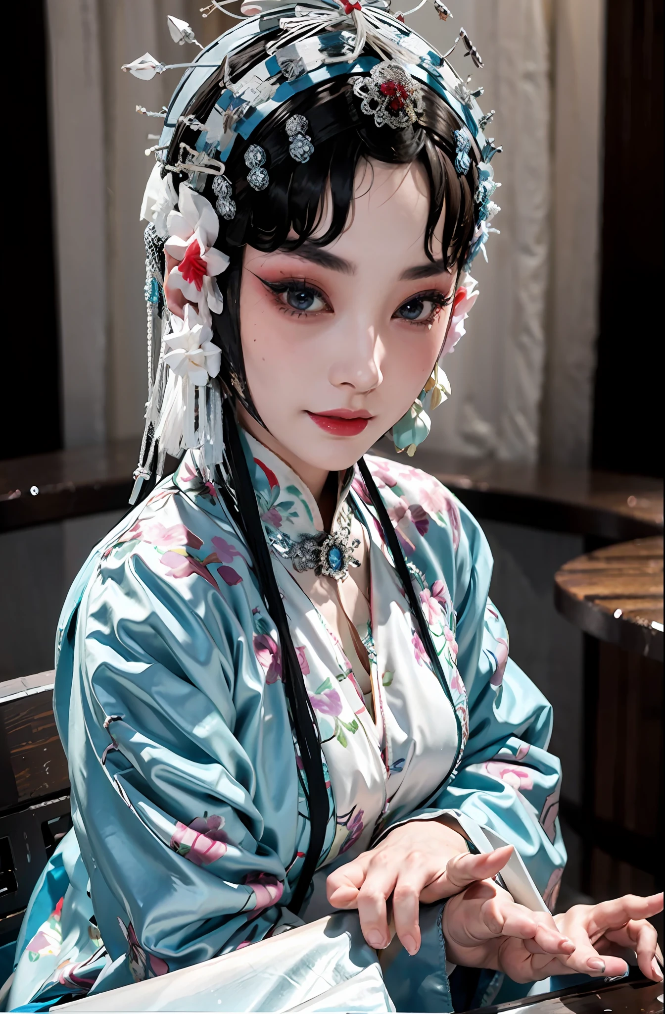 1girll，（Nordic supermodel），sface focus，（Peking Opera Half Noodles：1.2），（lucid blue eyes：1），（tmasterpiece，top-quality，best qualityer，offcial art，Beauty and aesthetics：1.2），up front view，facing to audience，（full bodyesbian：1.1），huge tit，Full body photo，delicate leg