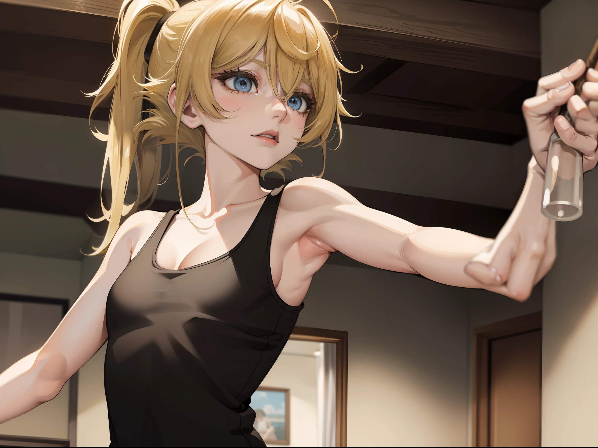 Tanya von degurechaff, Tank top, armpit, no pants, inside the barracks, lots of men, touching her breasts,masterpiece, Top quality, Ultra high definition, Maximum resolution, Very detailed, Clean skin, Anime