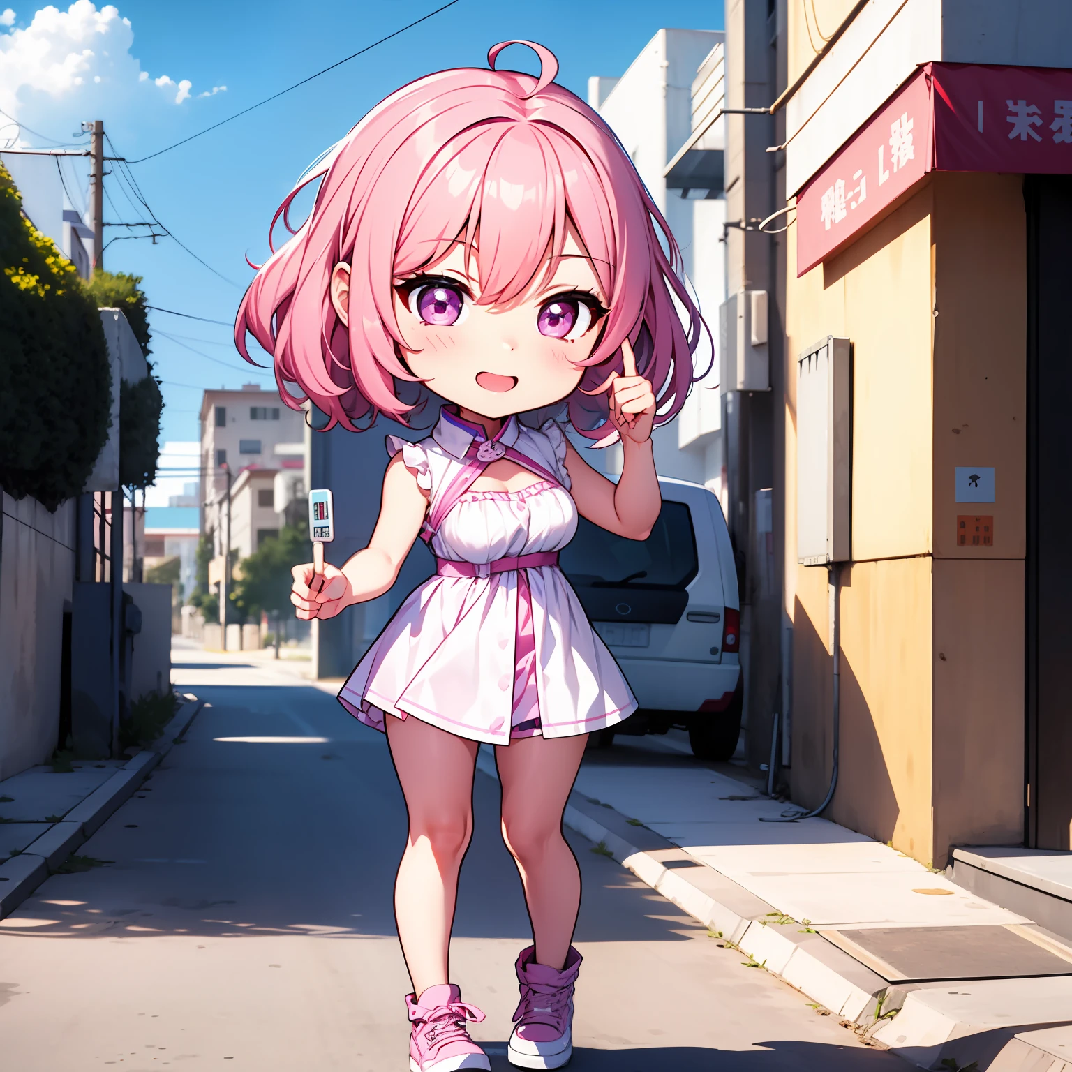 1girll， tchibi， full bodyesbian， short detailed hair， looking at viewert， mediuml breasts， Pink hair， Purple eye， Sideburns， ssmile， 独奏， dynamicposes，The finger contours are super clear，Q version of cartoon，