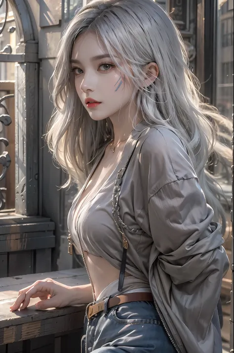 photorealistic, high resolution, 1women, solo, hips up, look at viewer, (detailed face), white hair, long hair, mafia clothes, t...