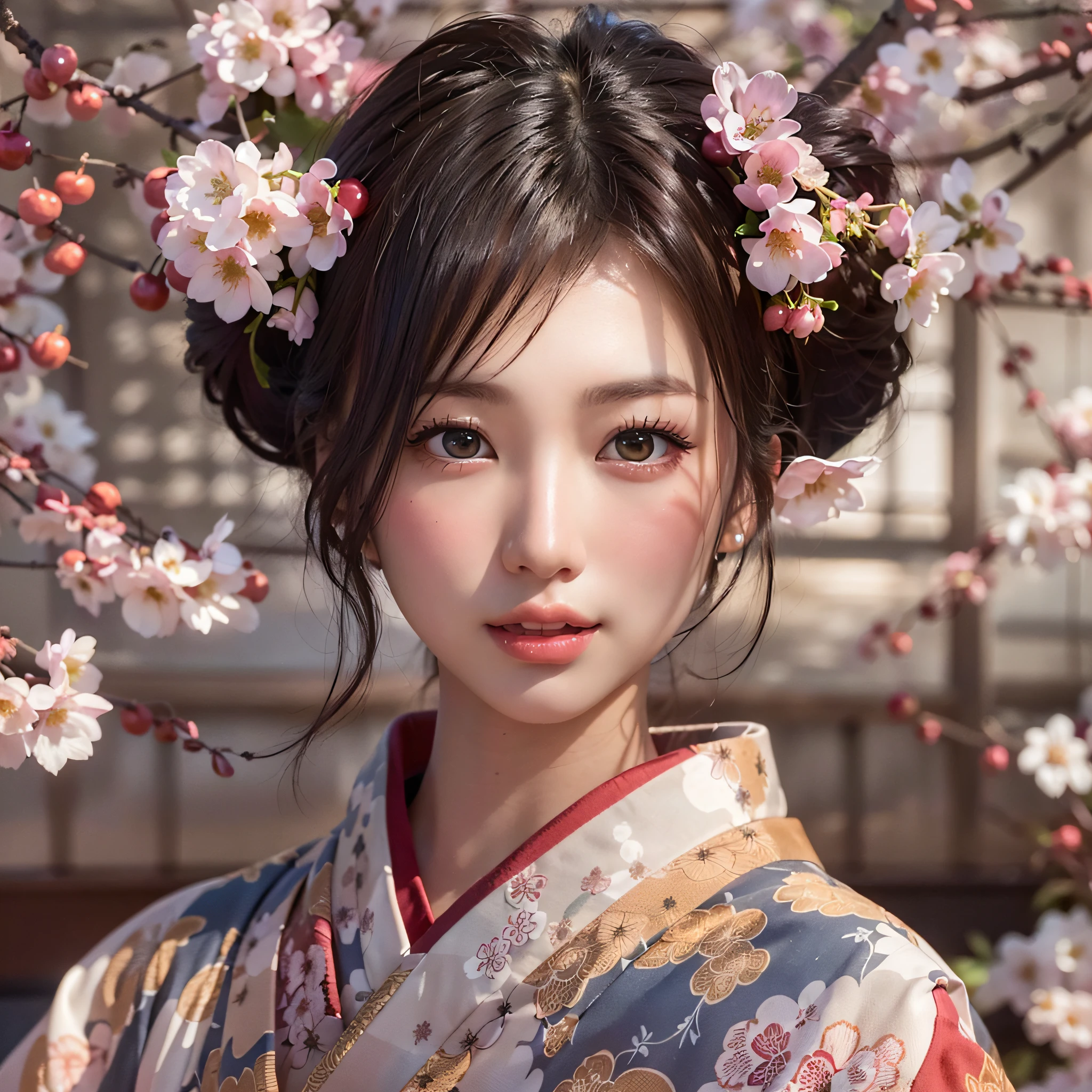 (Japan kimono with cherry blossom pattern:1.3), symmetrical, Compositions with coloful geometric arabesque patterns, (Bun hair, dark brown hari), (top-quality, Photorealsitic:1.4, masterpiece:1.3, RAW Photography:1.2, cinematric light, very detailed illustration), (1woman:1.3, solo), (asian girl, ultra delicate face, ultra Beautiful fece, ultra delicate eyes, ultra detailed nouse, ultra detailed mouth, ultra detailed facial features),  woman, (midium breast:1.3), from the front side, skiny, lipgloss, a smile