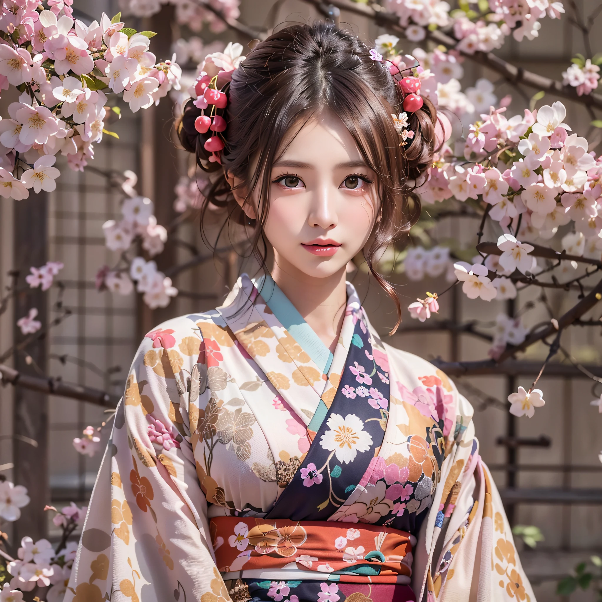 (Japanischer Kimono mit Kirschblütenmuster:1.3), symmetrisch, Kompositionen mit farbenfrohen geometrischen Arabeskenmustern, (Dutt-Haar, dunkelbraune Tage), (Top Qualität, Photorealsitic:1.4, Meisterwerk:1.3, RAW-Fotografie:1.2, filmisches Licht, Sehr detaillierte Abbildung), (1Frau:1.3, Allein), (Asiatin, ultrazartes Gesicht, ultraschöner Kot, ultra zarte Augen, ultra-detaillierte Nase, Ultradetaillierter Mund, ultradetaillierte Gesichtszüge),  Frau, (mittlere Brust:1.3), von der Vorderseite, Häute, lipgloss, ein Lächeln
