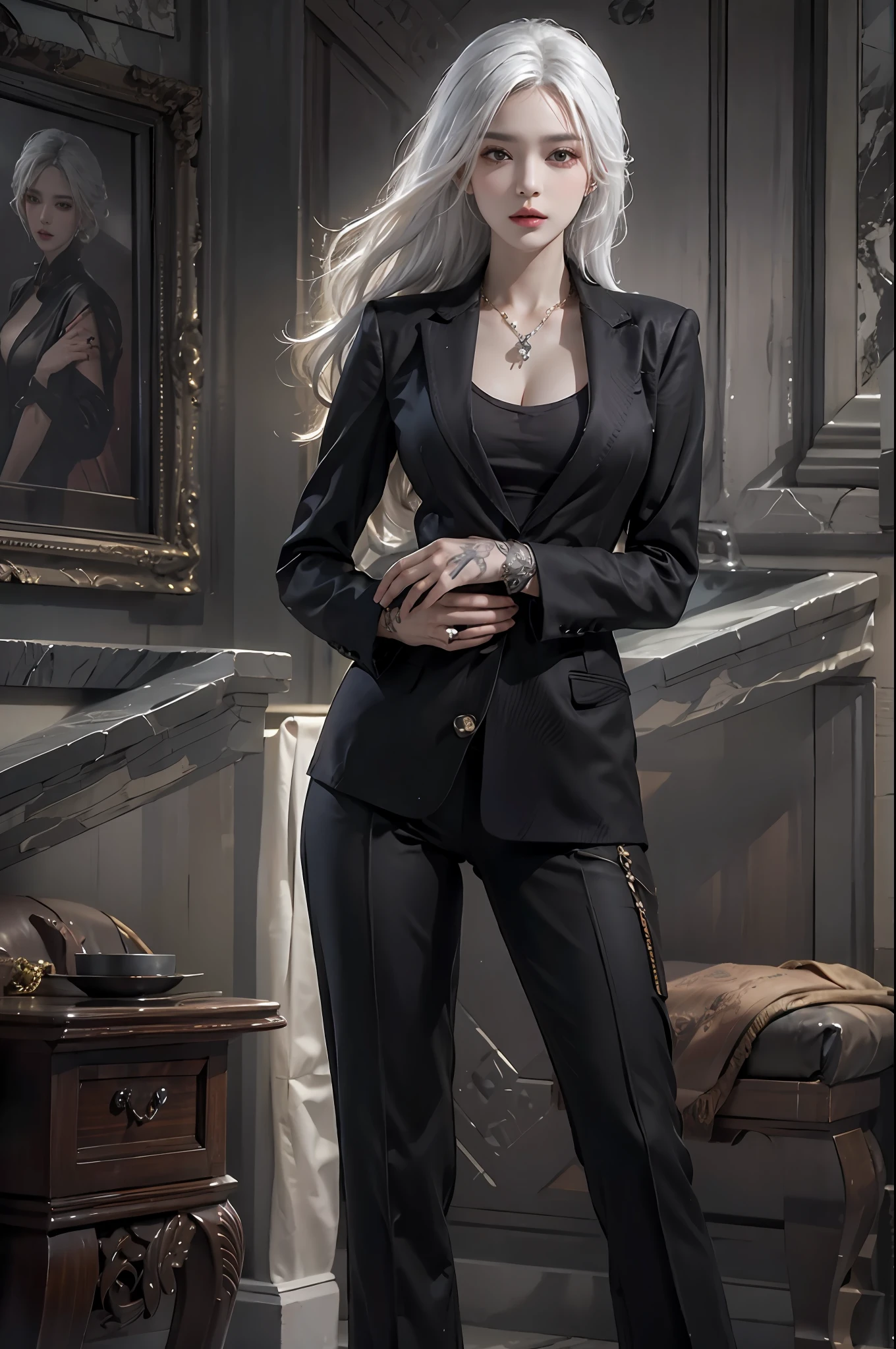 photorealistic, high resolution, 1women, solo, hips up, look at viewer, (detailed face), white hair, long hair, black suit, mafia, tattoo, jewelry