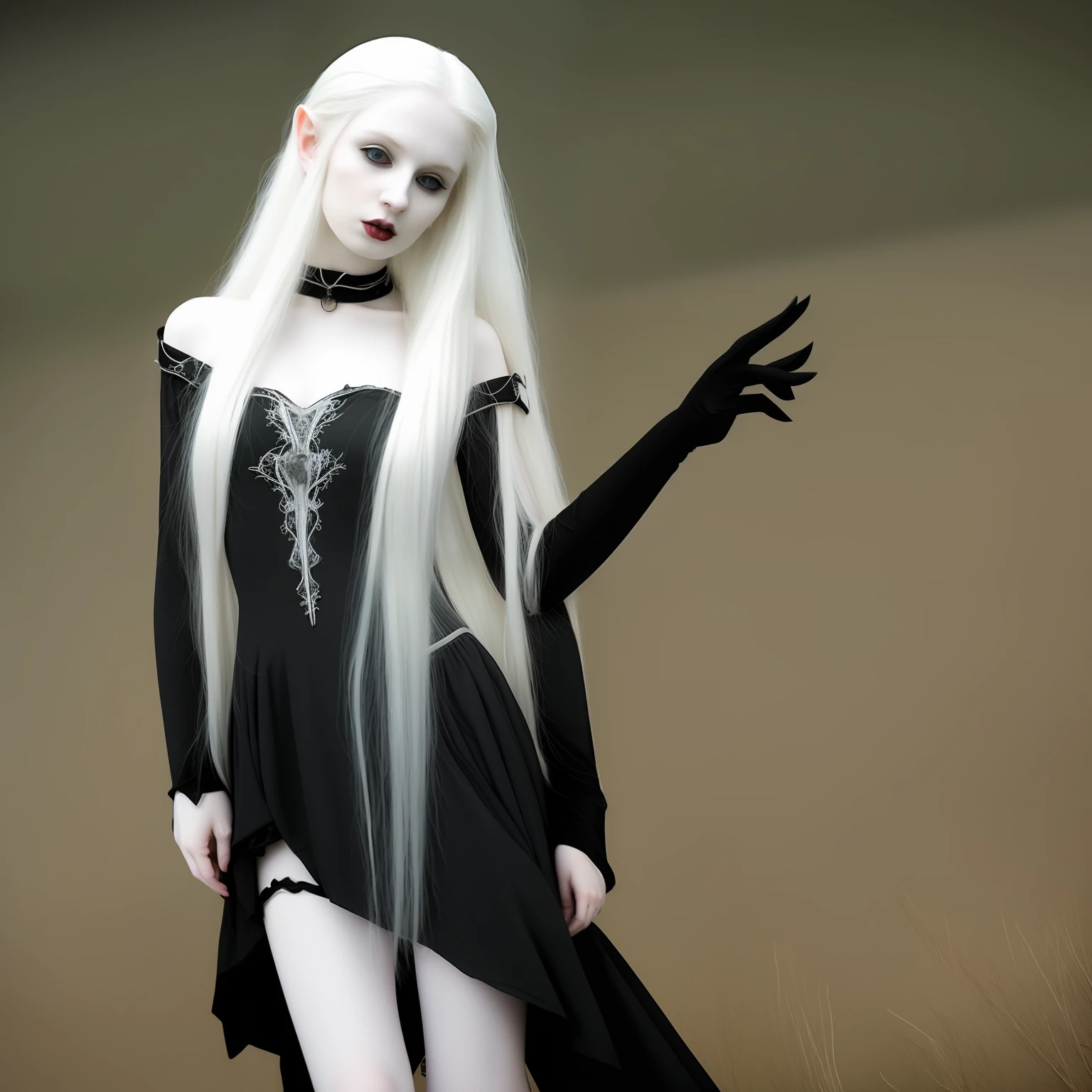 A close up of a woman with long white hair wearing a black dress - SeaArt AI