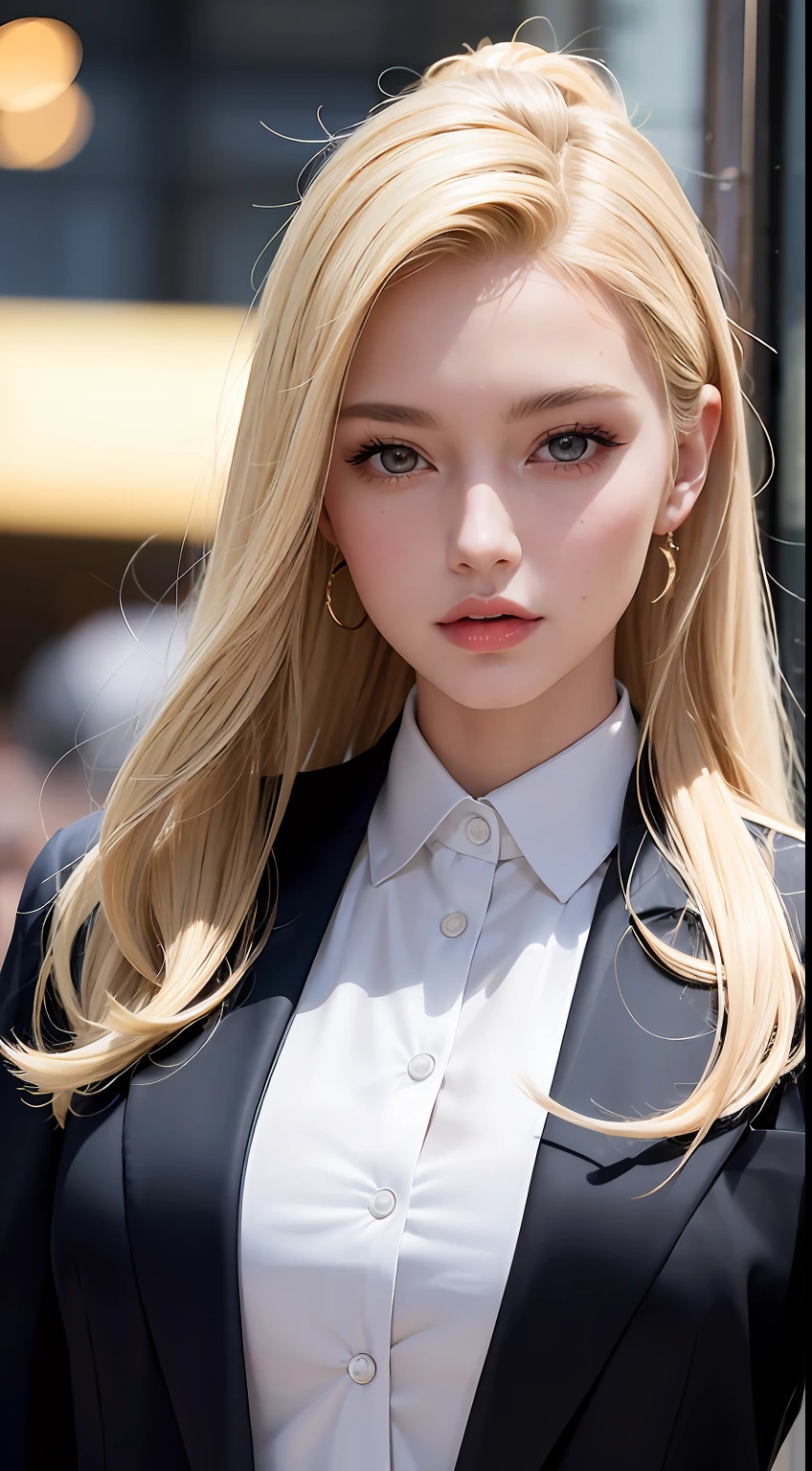 European and American women, A fashion model, Wear a cropped blazer, Glamour, paparazzi taking pictures of her, Blonde hair, Brown eyes, 8K, High quality, Masterpiece, Best quality, HD, Extremely detailed, voluminetric lighting, Photorealistic