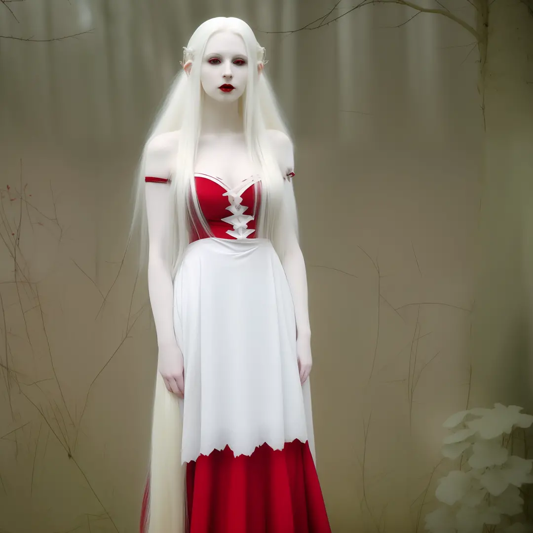 a blond woman in red dress with white hair, full body, pale goth beauty, full detailed body, perfect white haired girl, with lon...