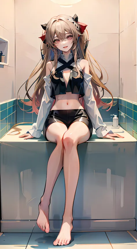 one-girl, In the bathroom, Crop top with crop top, Slender legs, naked leg, The barefoot, Hair Bow, Gradient hair, Smile, Anime ...