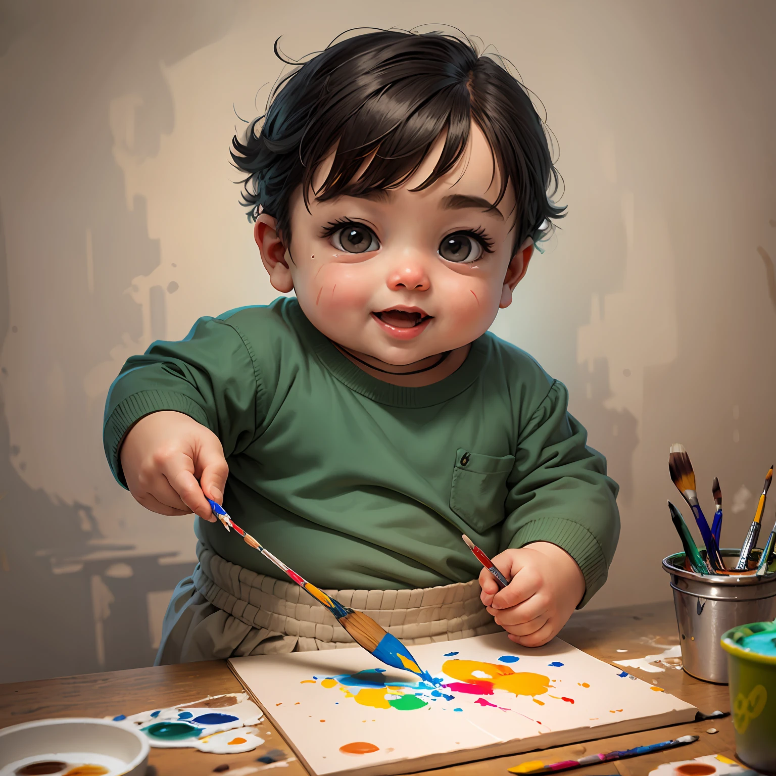 Little fat boy with a paintbrush drawing, cute, happy expression,