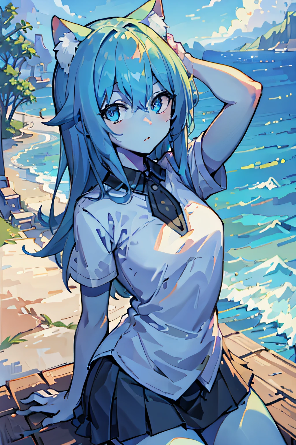 Sima， Blue-skinned ears， Kizi， woman， sitted， arms behind  head， sea beach， 
（tmasterpiece，A detailed，A high resolution），