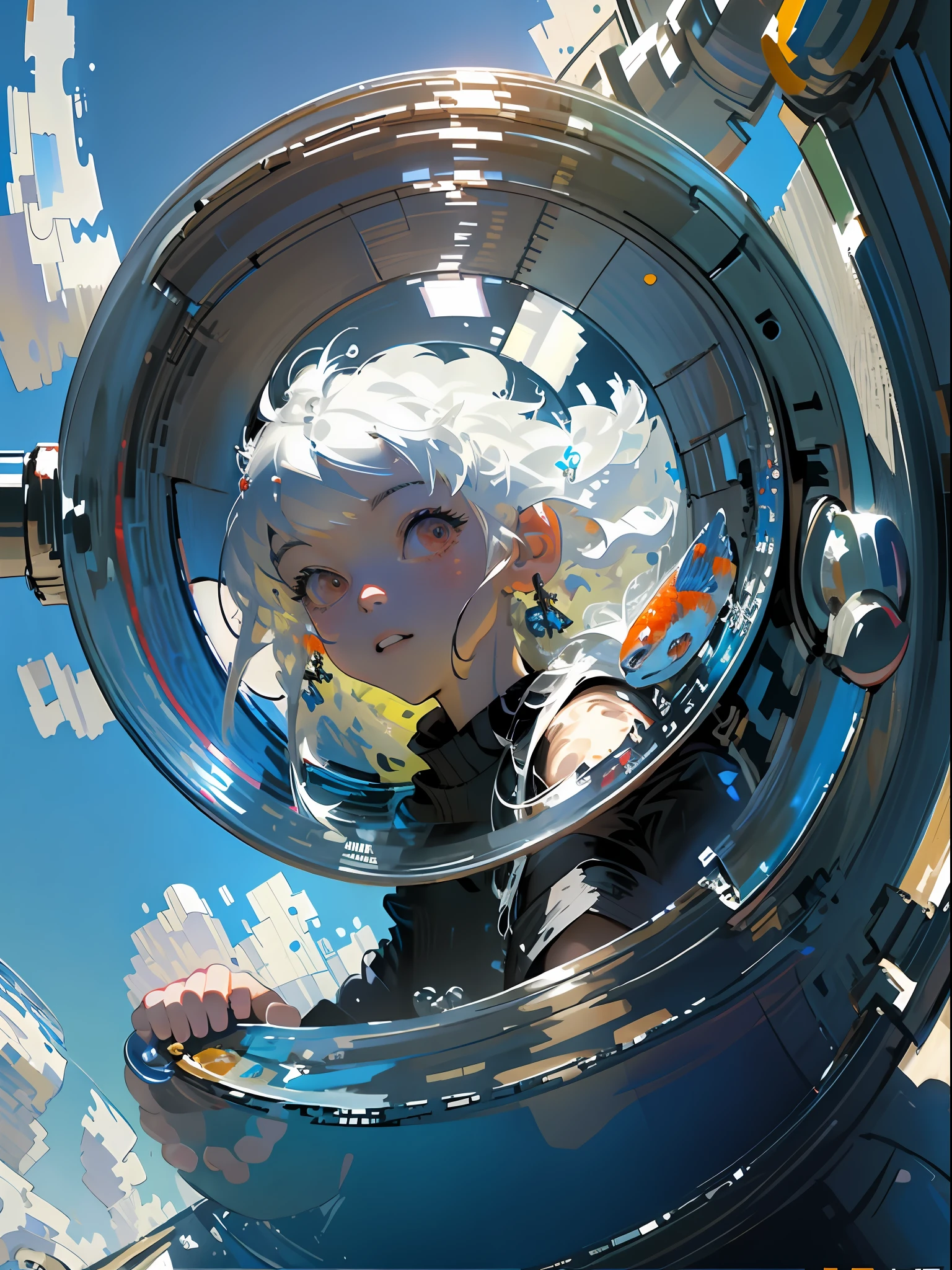 [(Transparent background:1.5)::5],(((masterpiece))),(((best quality))),(((extremely detailed))),illustration, 1girl,solo,mysterious,vivid color,shiny, underwater transparent sealed hemispherical glass dome, white hair,red eyes, full body,barefoot,long hair tranquil nature, koi,Underwater, Dome,close up,Dynamic actions,Lens perspective,(((Box composition))),sit cross-legged and lean against the bookshel,(arm + hand + 1thumb + 4finger),(Impressionism:1.4)