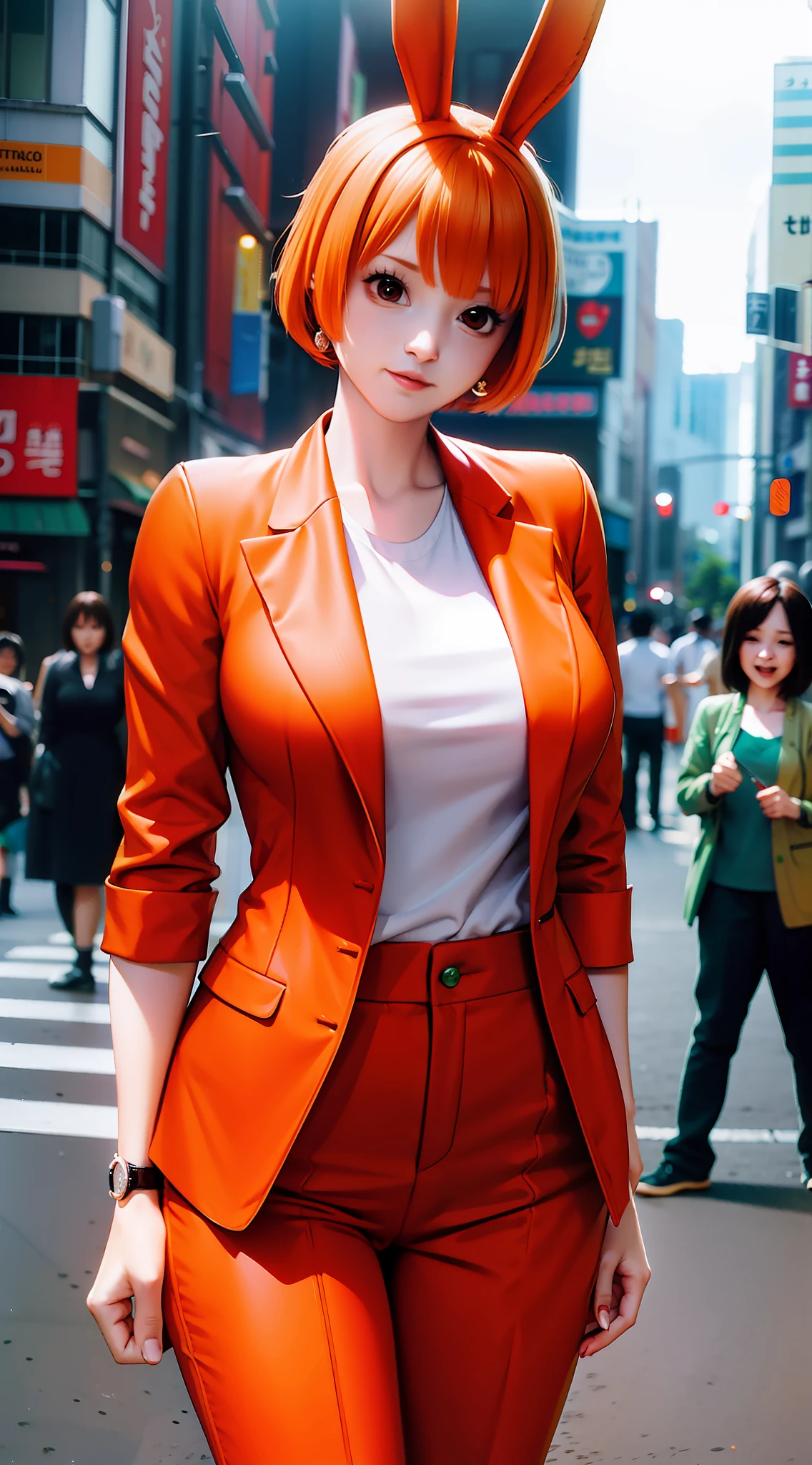 carotte de l&#39;anime One Piece, cheveux courts, frange, cheveux roux, Beau, Beau woman, porte des boucles d&#39;oreilles, porte une montre à la main gauche, corps parfait, des stands, porte une chemise orange formelle, porte une veste verte, pantalon vert, porte des vêtements formels , en regardant le public, souriant, dans la ville de Tokyo, au bord de la route, dans un lieu public, a des oreilles de lapin