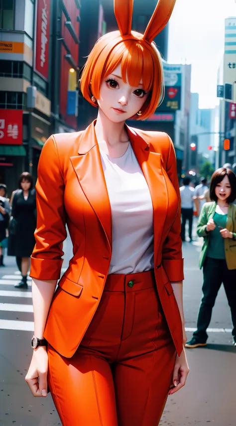 carrot from anime one piece, short hair, bangs, orange hair, beautiful, beautiful woman, wears earrings, wears a watch on her le...