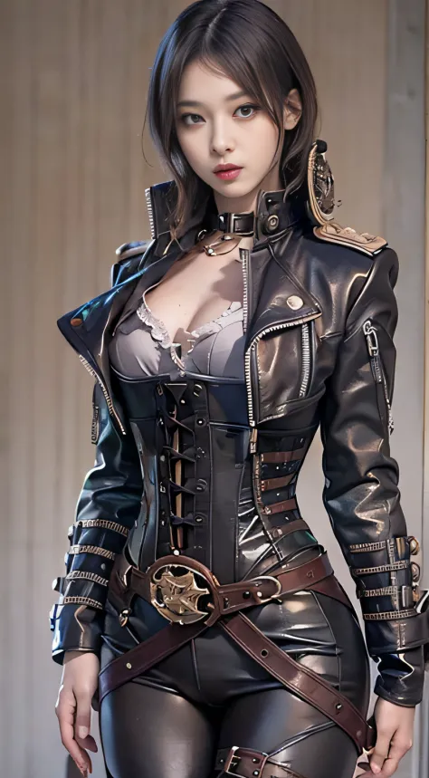 Woman in black catsuit posing in steampunk world, Leather corset, Wearing a black latex costume, captivating and enticing, corse...