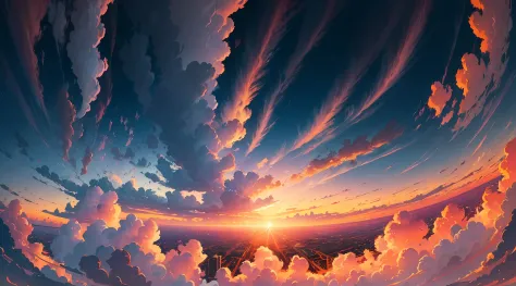 A feast for the eyes，The color of the sunset heart-shaped clouds, High detail, Chiaroscuro, first person perspective, From below, Wide shot, in a panoramic view, hyper HD, Masterpiece, ccurate, High details, High quality, Best quality, 8K