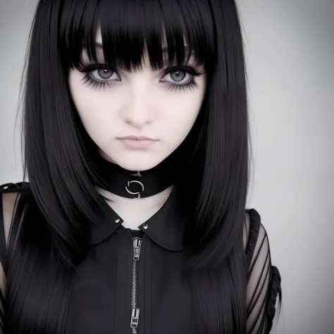 a close up of a person with a creepy look on their face, she has black hair with bangs, 1 7 - year - old goth girl, goth girl ae...