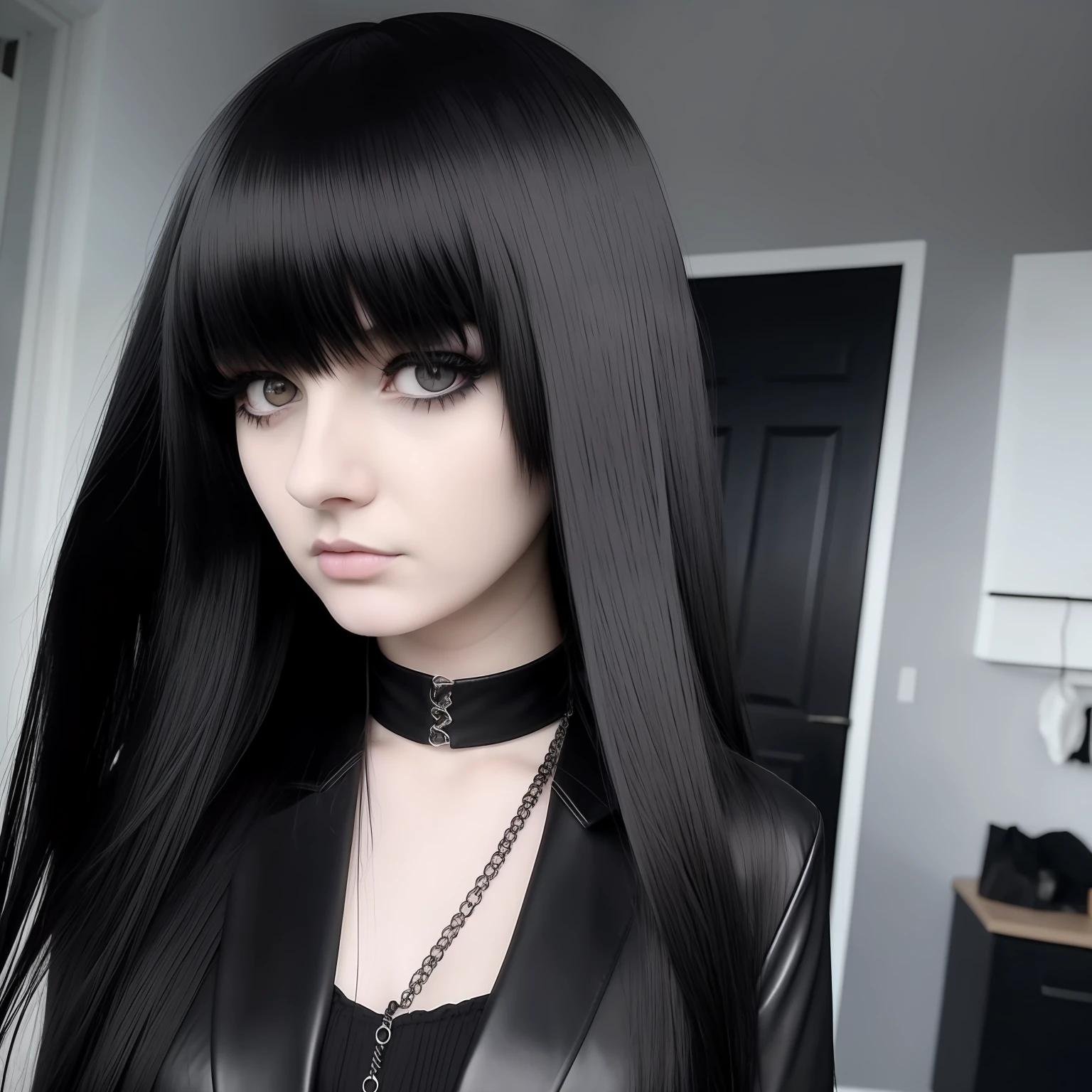 a person with a creepy look on their face, she has black hair with bangs, full body, 1 7 - year - old goth girl, goth girl aesthetic, darkwave goth aesthetic, dark aesthetic, goth aesthetic, gothic horror vibes, 1  anime goth girl, pale goth beauty, goth girl, featured on instagram, she has black hair