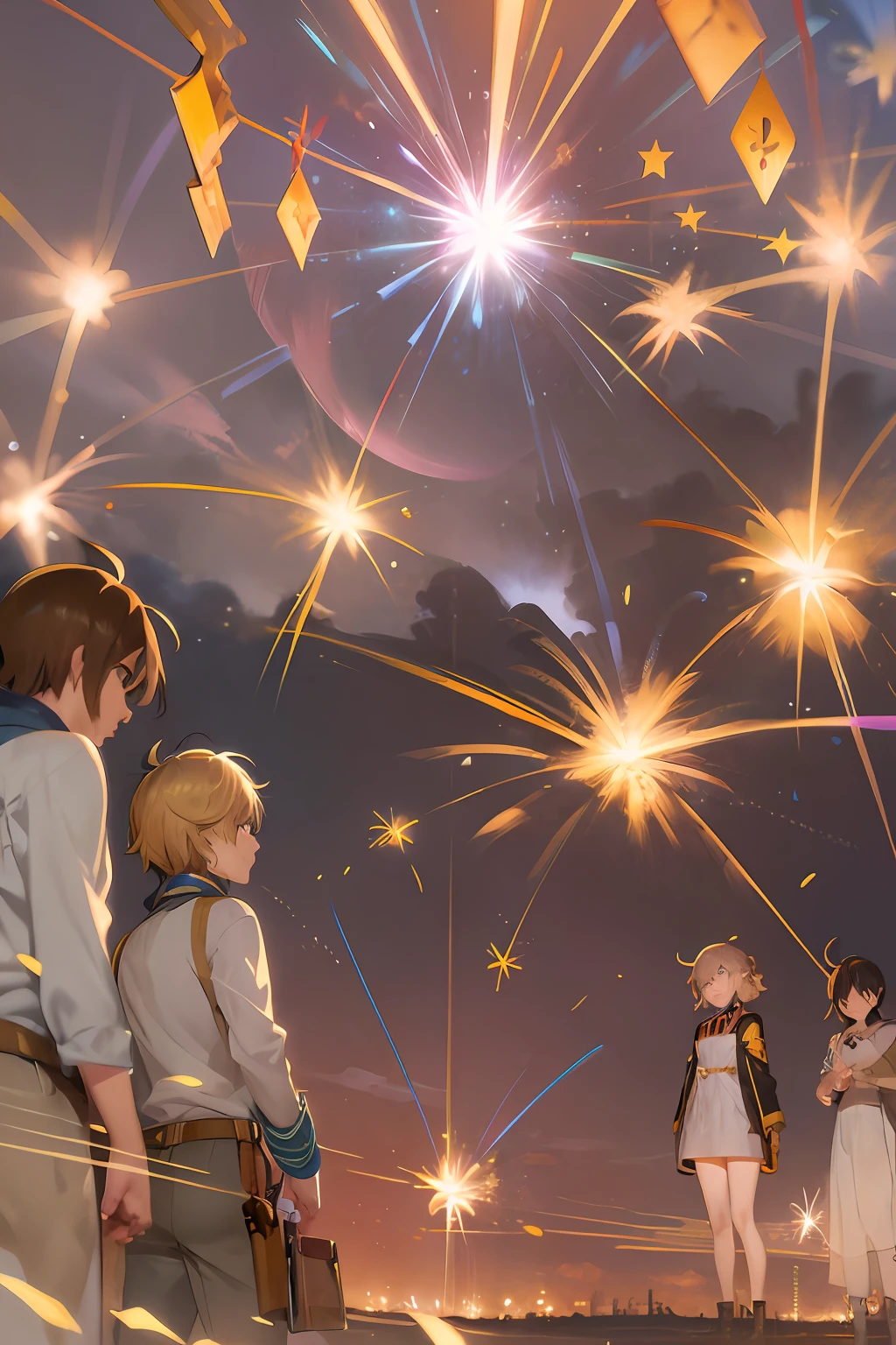 Anime character standing in a field with fireworks in the sky,Smiling children [ Fireworks in the sky ]!!, Nostalgic and fantastic, guweiz and makoto shinkai, makoto shinkai and bioware, concept art magical highlight, makoto shinkai art style, anime movie screenshot, Fireworks, official artwork, anime key visual concept art of,