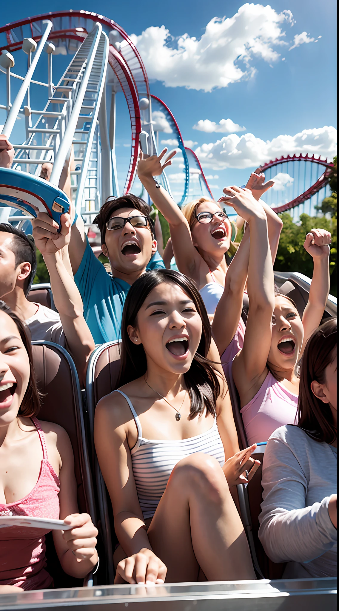 People are riding a roller coaster at a theme park - SeaArt AI