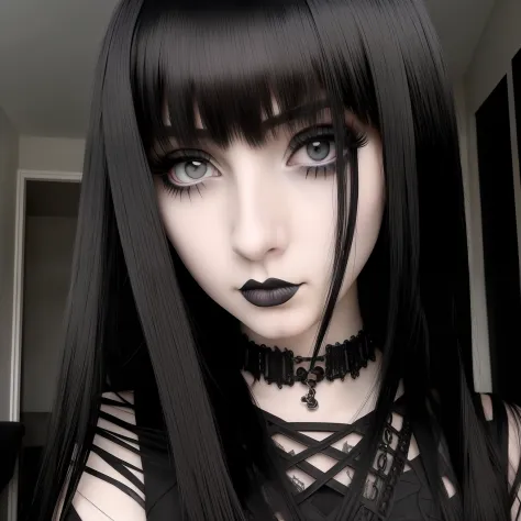 a person with a creepy look on their face, she has black hair, full body, 1 7 - year - old goth girl, goth girl aesthetic, full ...
