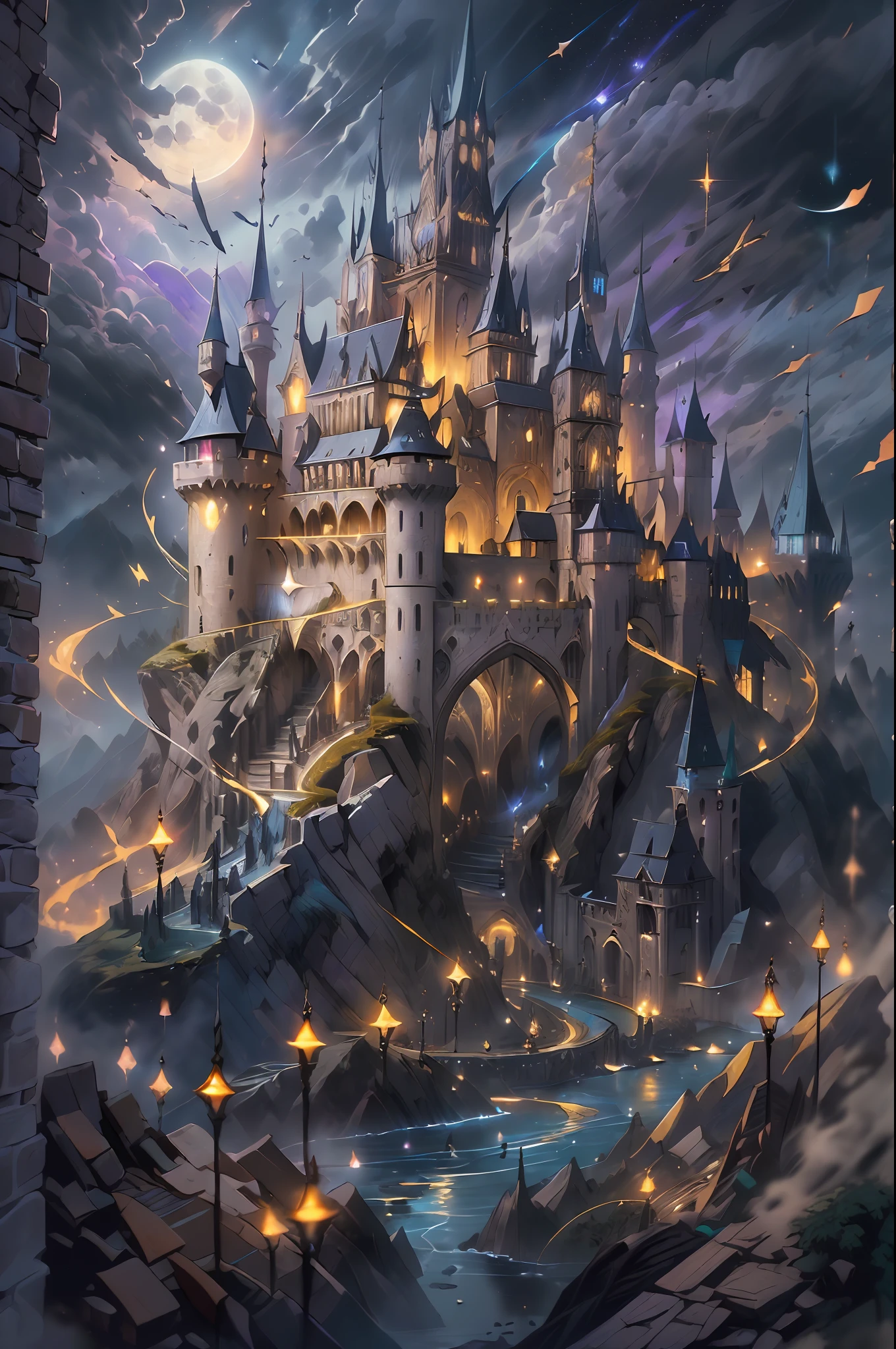a full panoramic picture of a magical castle [[hovering]] (intense details, Masterpiece, best quality: 1.6) in the sky (intense details, Masterpiece, best quality: 1.5), [[in the sky]] hanging among the clouds (intense details, Masterpiece, best quality: 1.5) at night, flying castle in the sky (intense details, Masterpiece, best quality: 1.5), moon light, stars. many colors light from castle windows, dragons  (intense details, Masterpiece, best quality: 1.5) flying around castle, atmosphere of enchantment and, atmosphere of magic (intense details, Masterpiece, best quality: 1.5), 8k, ultra detailed, masterpiece, best quality, (extremely detailed)