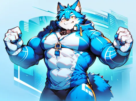 coyote，furry，blue hair，musculature，muscle men，nakeness，strong，ultraclear，has a large ，collar，black  shorts，red pupils，abs，yellow...